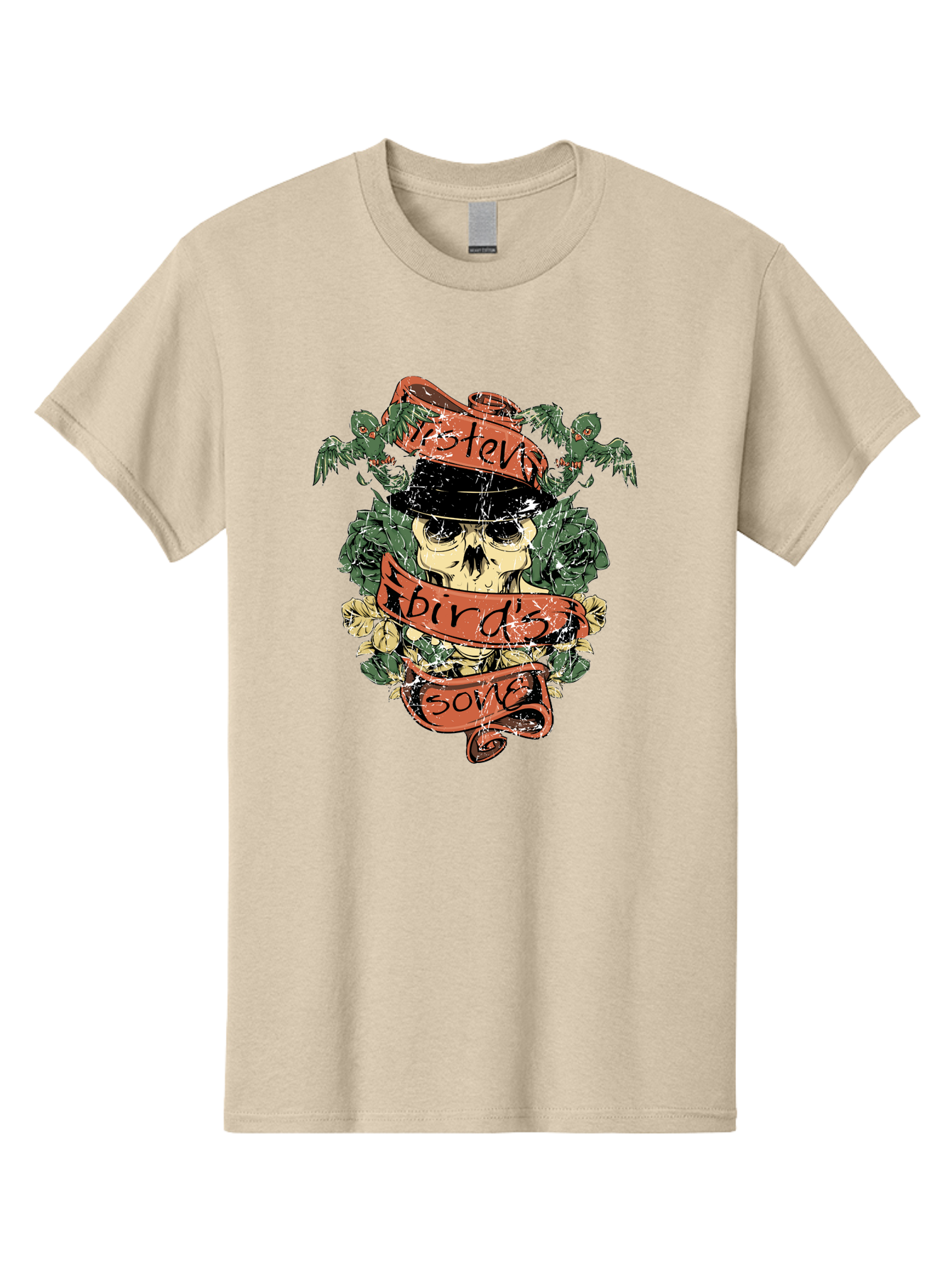 Birds & Bones Men'S Graphic Tee, 100% Cotton, Comfortable Casual Summer Wear, Machine Washable, Skull Wearing Black Hat, Floral Wreath, Red Ribbons, Steve Bird'S Song, Vintage Illustration, Tattoo Art, Grunge Style, Floral Design, Skull Art Aae146 5
