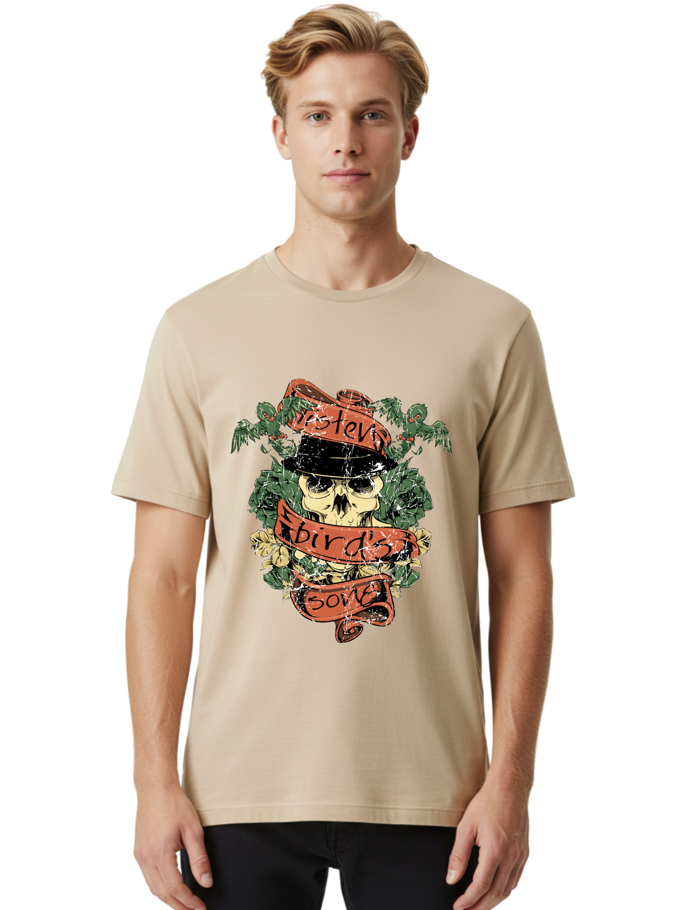 Birds & Bones Men'S Graphic Tee, 100% Cotton, Comfortable Casual Summer Wear, Machine Washable, Skull Wearing Black Hat, Floral Wreath, Red Ribbons, Steve Bird'S Song, Vintage Illustration, Tattoo Art, Grunge Style, Floral Design, Skull Art Aae146 6