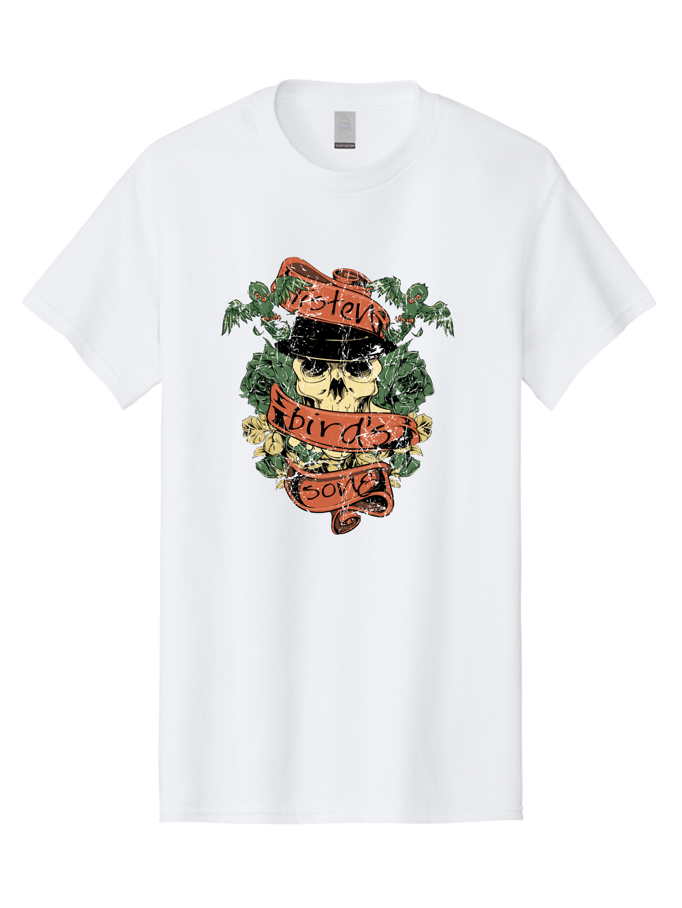 Birds & Bones Men'S Graphic Tee, 100% Cotton, Comfortable Casual Summer Wear, Machine Washable, Skull Wearing Black Hat, Floral Wreath, Red Ribbons, Steve Bird'S Song, Vintage Illustration, Tattoo Art, Grunge Style, Floral Design, Skull Art Aae146 7