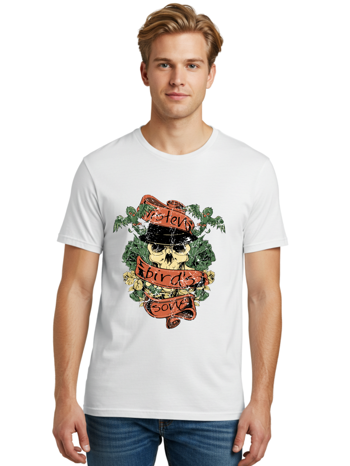 Birds & Bones Men'S Graphic Tee, 100% Cotton, Comfortable Casual Summer Wear, Machine Washable, Skull Wearing Black Hat, Floral Wreath, Red Ribbons, Steve Bird'S Song, Vintage Illustration, Tattoo Art, Grunge Style, Floral Design, Skull Art Aae146 8