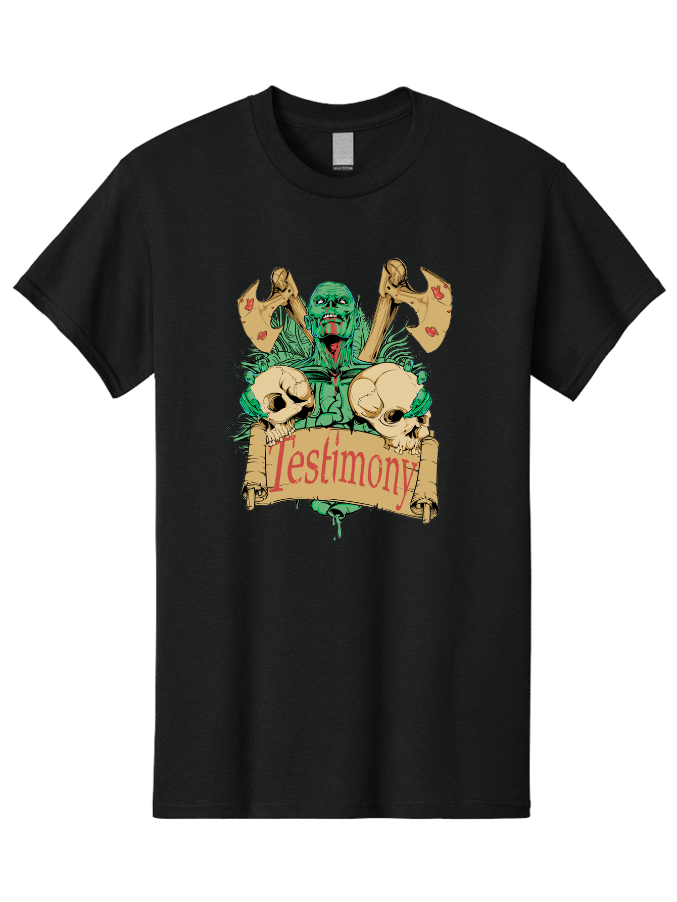 Blood Axe Testimony Men'S Graphic Tee, 100% Cotton, Comfortable Casual Summer Wear, Machine Washable, Zombie Holding Banner, Testimony Scroll, Skulls And Axes, Horror Elements, Dark Fantasy Art, Eerie Atmosphere, Intense Graphic Design, Aae149 23
