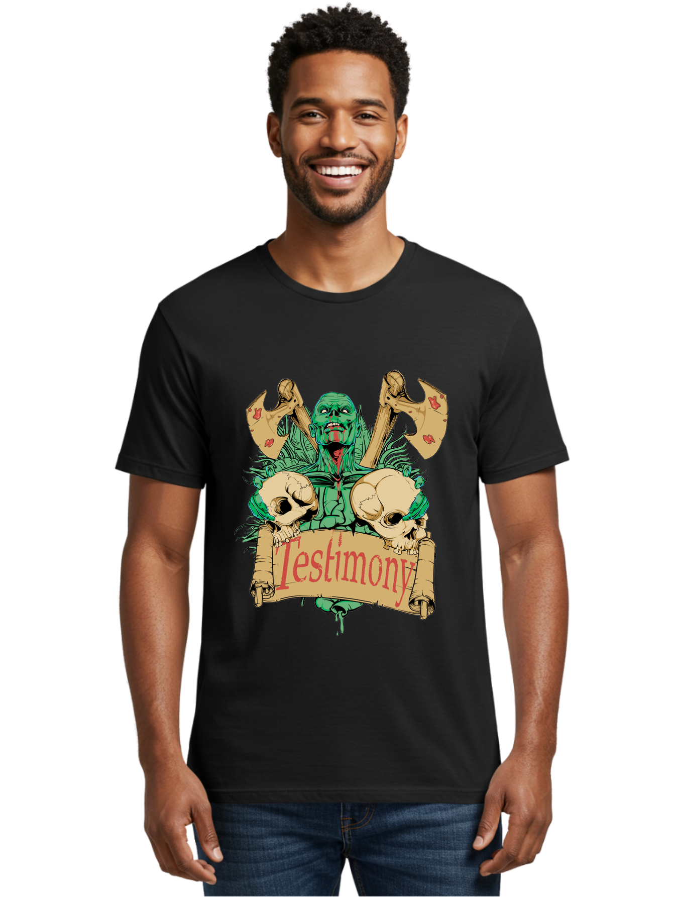 Blood Axe Testimony Men'S Graphic Tee, 100% Cotton, Comfortable Casual Summer Wear, Machine Washable, Zombie Holding Banner, Testimony Scroll, Skulls And Axes, Horror Elements, Dark Fantasy Art, Eerie Atmosphere, Intense Graphic Design, Aae149 24