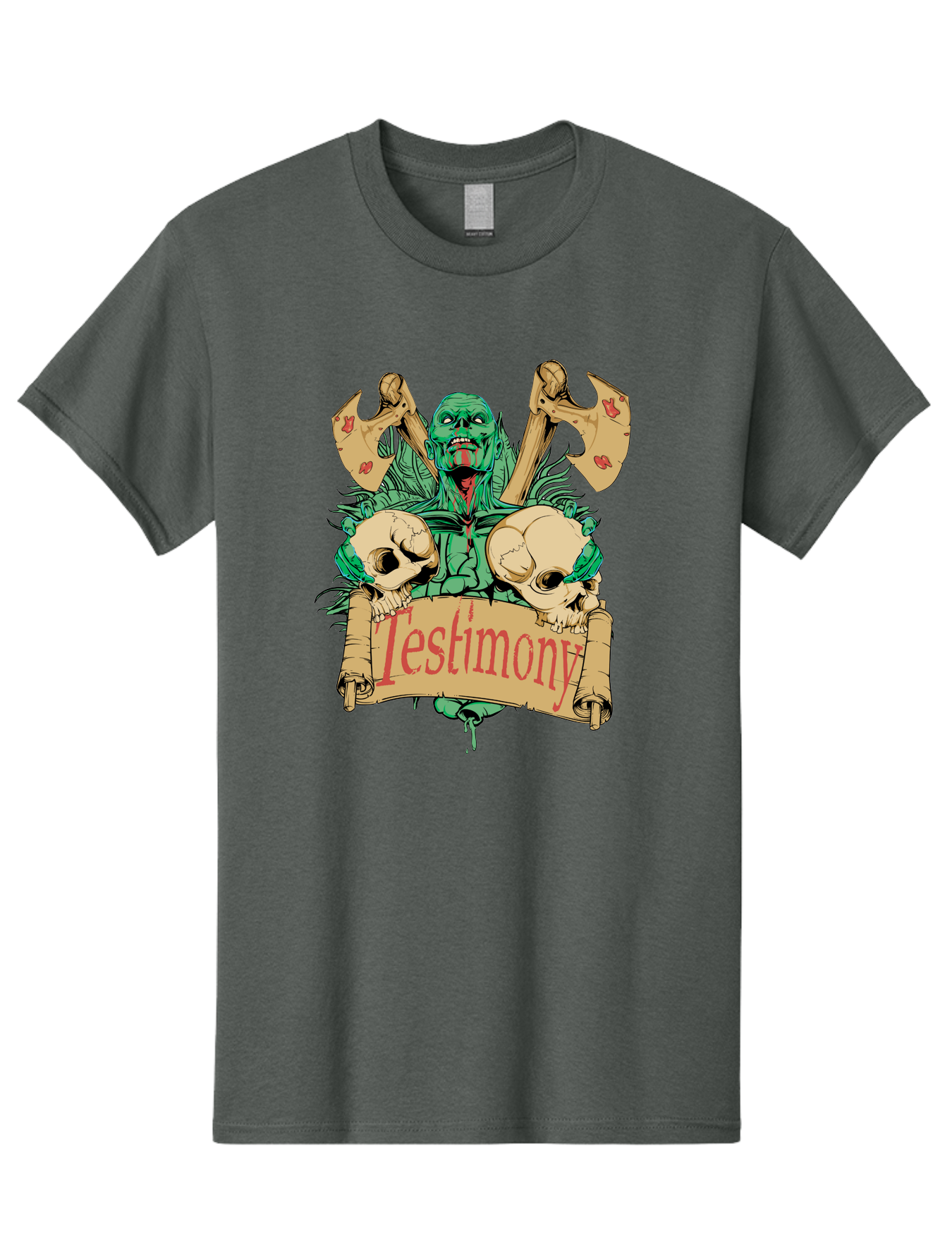 Blood Axe Testimony Men'S Graphic Tee, 100% Cotton, Comfortable Casual Summer Wear, Machine Washable, Zombie Holding Banner, Testimony Scroll, Skulls And Axes, Horror Elements, Dark Fantasy Art, Eerie Atmosphere, Intense Graphic Design, Aae149 3
