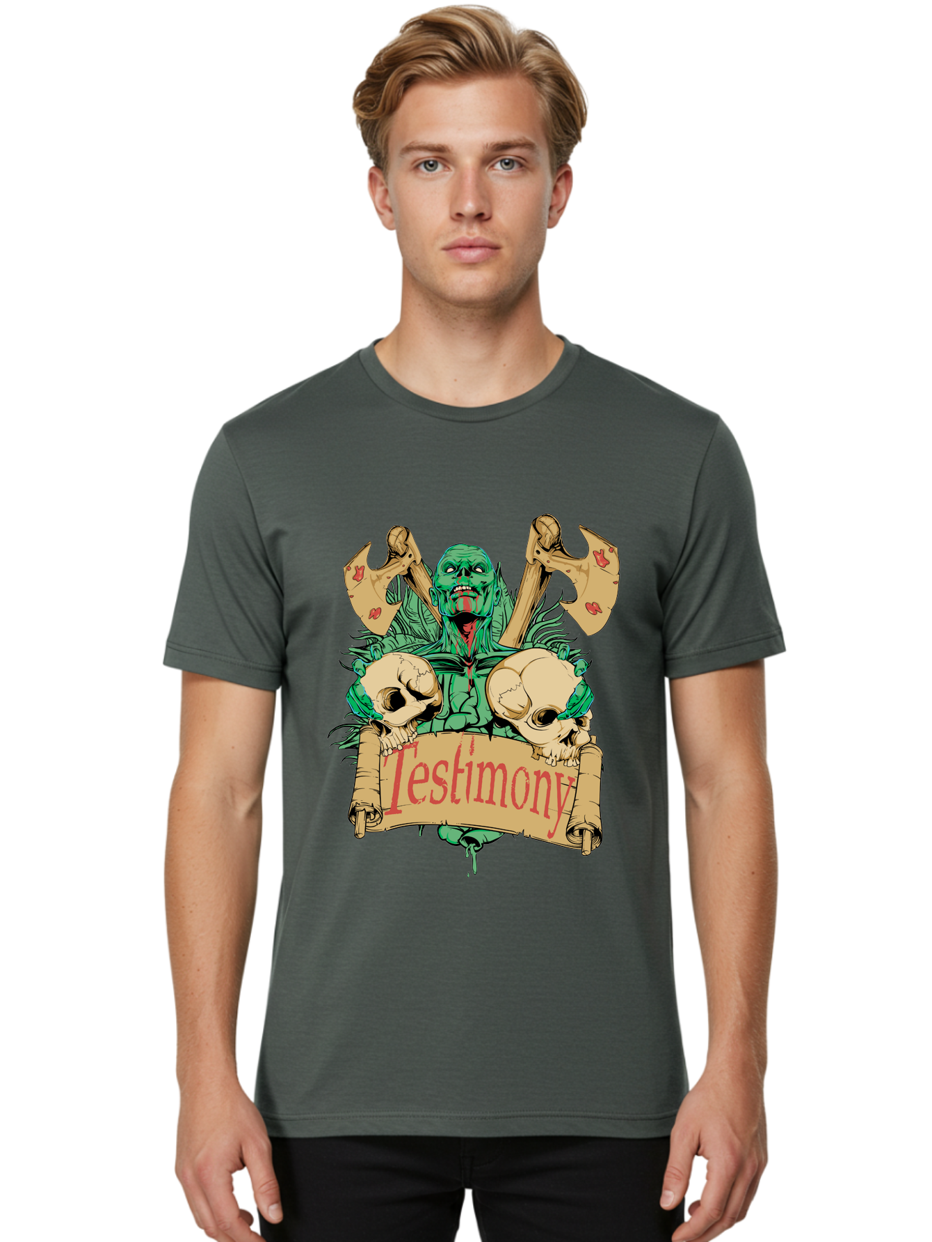 Blood Axe Testimony Men'S Graphic Tee, 100% Cotton, Comfortable Casual Summer Wear, Machine Washable, Zombie Holding Banner, Testimony Scroll, Skulls And Axes, Horror Elements, Dark Fantasy Art, Eerie Atmosphere, Intense Graphic Design, Aae149 4