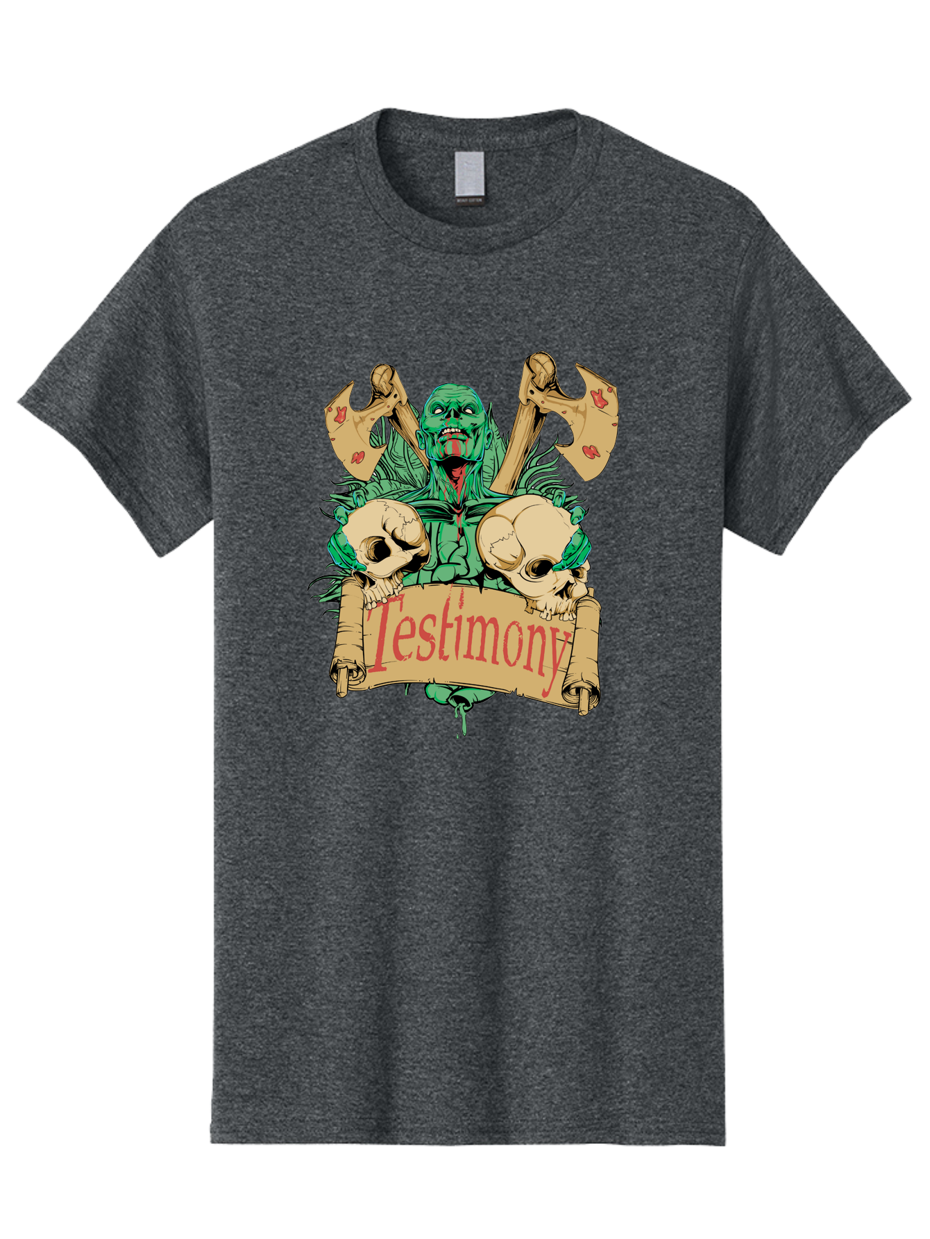 Blood Axe Testimony Men'S Graphic Tee, 100% Cotton, Comfortable Casual Summer Wear, Machine Washable, Zombie Holding Banner, Testimony Scroll, Skulls And Axes, Horror Elements, Dark Fantasy Art, Eerie Atmosphere, Intense Graphic Design, Aae149 29