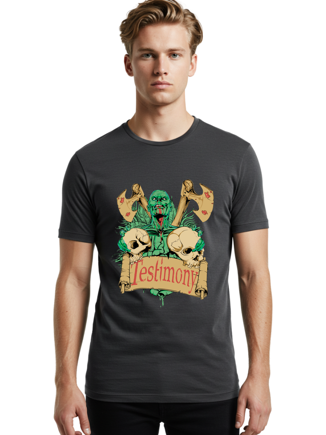 Blood Axe Testimony Men'S Graphic Tee, 100% Cotton, Comfortable Casual Summer Wear, Machine Washable, Zombie Holding Banner, Testimony Scroll, Skulls And Axes, Horror Elements, Dark Fantasy Art, Eerie Atmosphere, Intense Graphic Design, Aae149 30