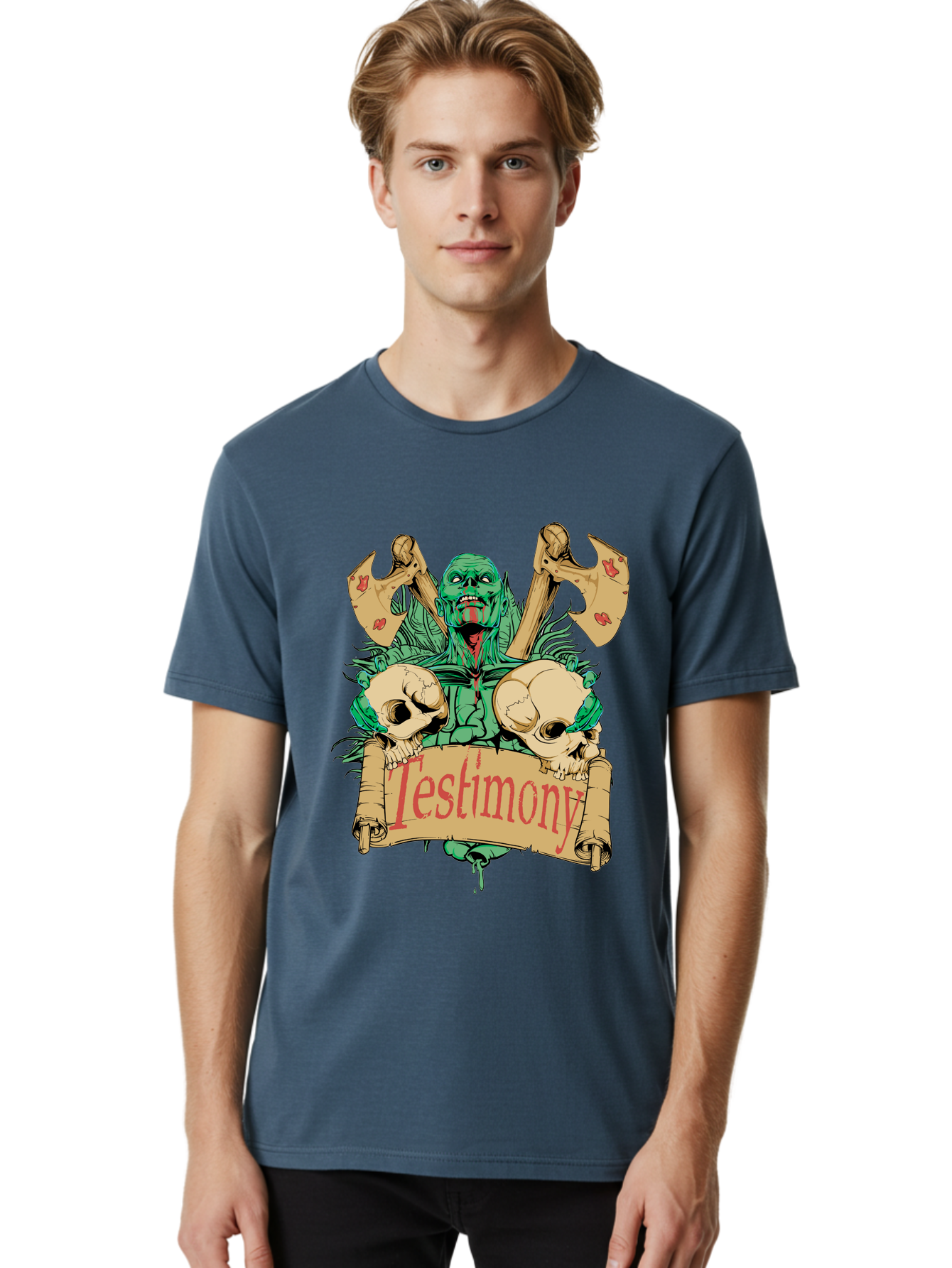 Blood Axe Testimony Men'S Graphic Tee, 100% Cotton, Comfortable Casual Summer Wear, Machine Washable, Zombie Holding Banner, Testimony Scroll, Skulls And Axes, Horror Elements, Dark Fantasy Art, Eerie Atmosphere, Intense Graphic Design, Aae149 20