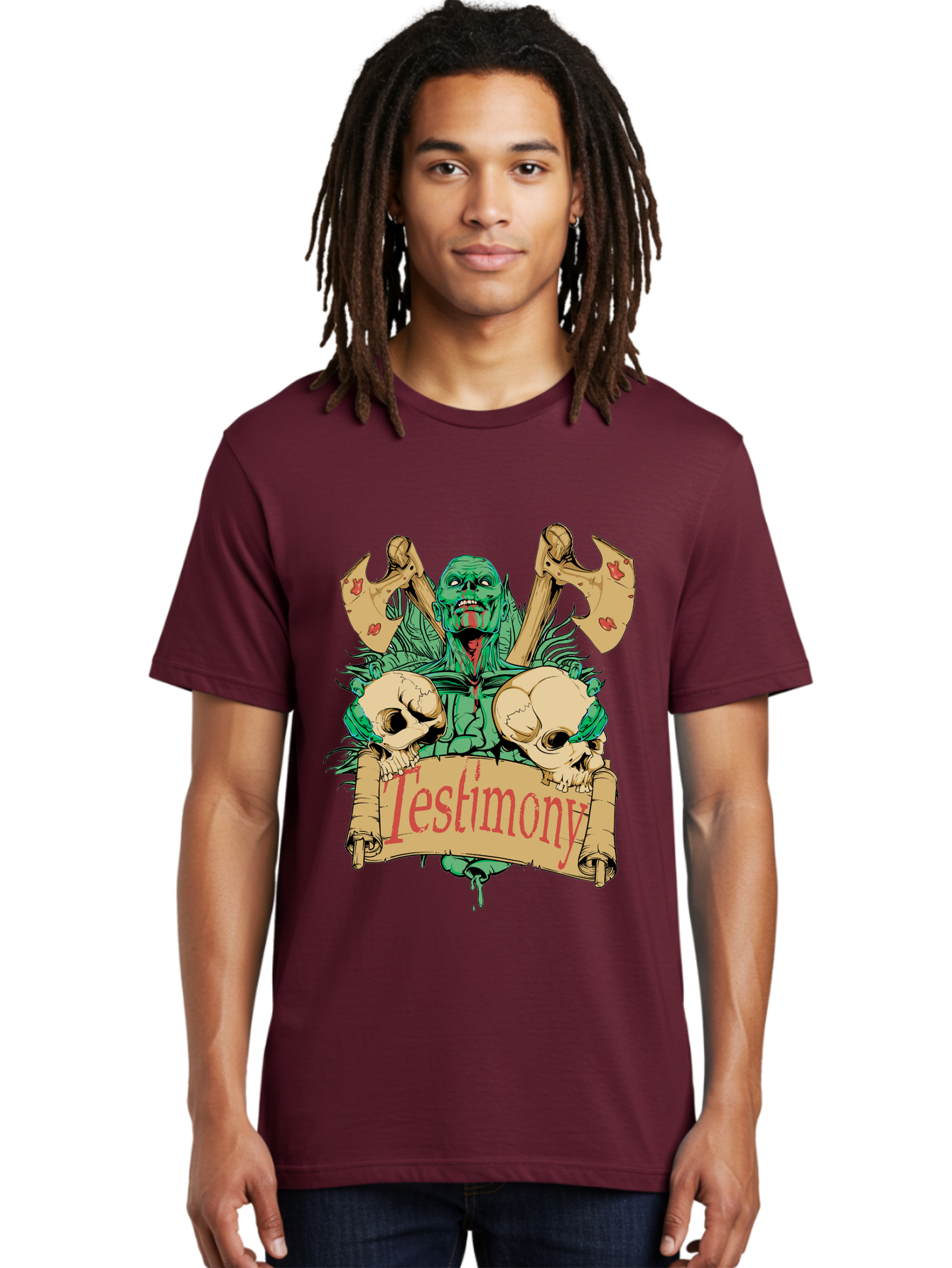 Blood Axe Testimony Men'S Graphic Tee, 100% Cotton, Comfortable Casual Summer Wear, Machine Washable, Zombie Holding Banner, Testimony Scroll, Skulls And Axes, Horror Elements, Dark Fantasy Art, Eerie Atmosphere, Intense Graphic Design, Aae149 8