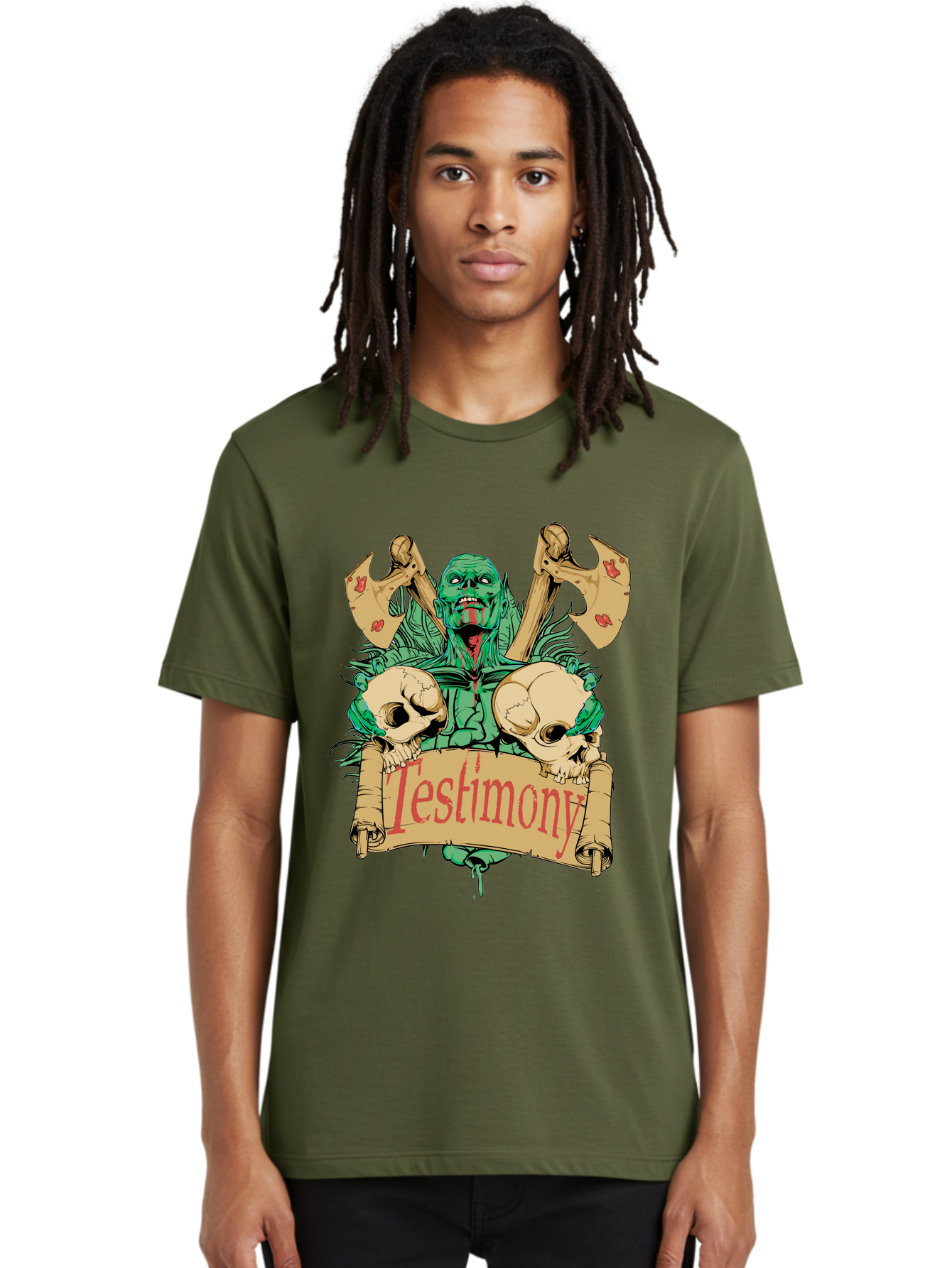 Blood Axe Testimony Men'S Graphic Tee, 100% Cotton, Comfortable Casual Summer Wear, Machine Washable, Zombie Holding Banner, Testimony Scroll, Skulls And Axes, Horror Elements, Dark Fantasy Art, Eerie Atmosphere, Intense Graphic Design, Aae149 28
