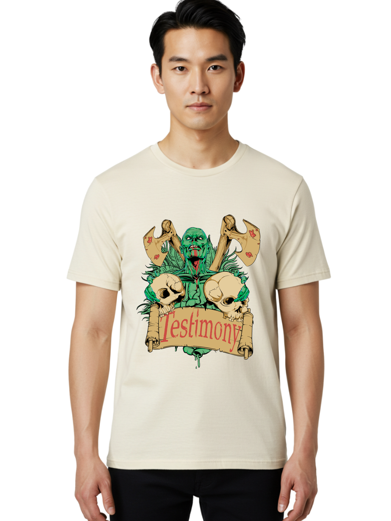 Blood Axe Testimony Men'S Graphic Tee, 100% Cotton, Comfortable Casual Summer Wear, Machine Washable, Zombie Holding Banner, Testimony Scroll, Skulls And Axes, Horror Elements, Dark Fantasy Art, Eerie Atmosphere, Intense Graphic Design, Aae149 14