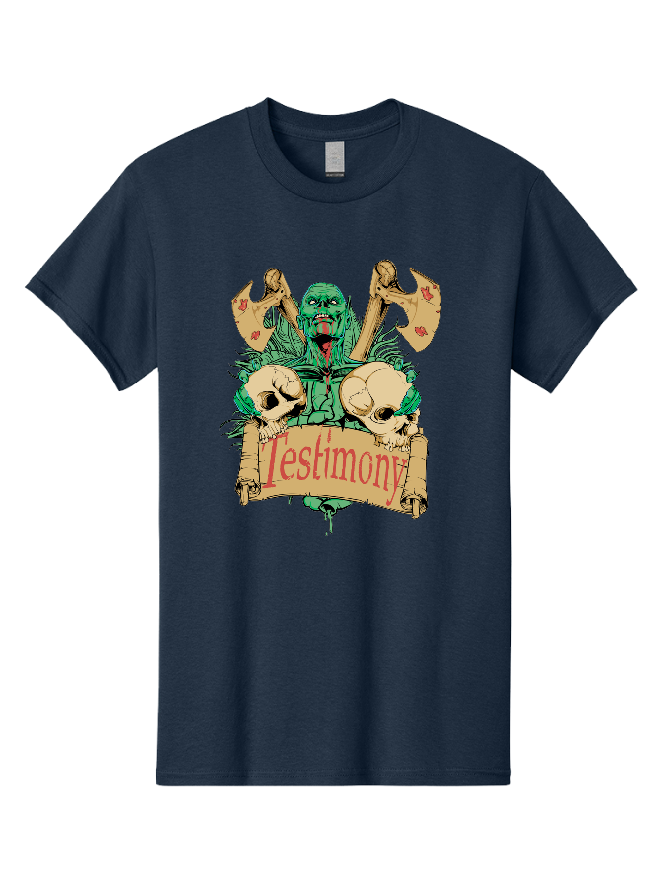 Blood Axe Testimony Men'S Graphic Tee, 100% Cotton, Comfortable Casual Summer Wear, Machine Washable, Zombie Holding Banner, Testimony Scroll, Skulls And Axes, Horror Elements, Dark Fantasy Art, Eerie Atmosphere, Intense Graphic Design, Aae149 15