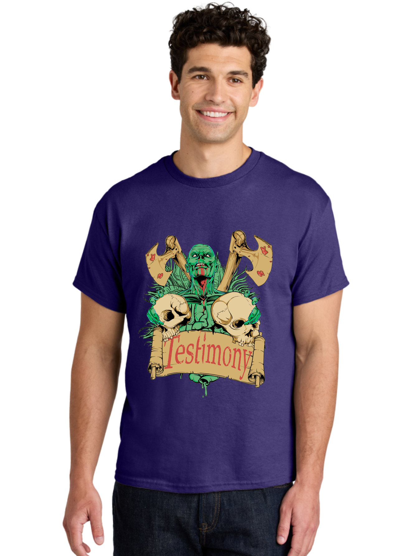 Blood Axe Testimony Men'S Graphic Tee, 100% Cotton, Comfortable Casual Summer Wear, Machine Washable, Zombie Holding Banner, Testimony Scroll, Skulls And Axes, Horror Elements, Dark Fantasy Art, Eerie Atmosphere, Intense Graphic Design, Aae149 6