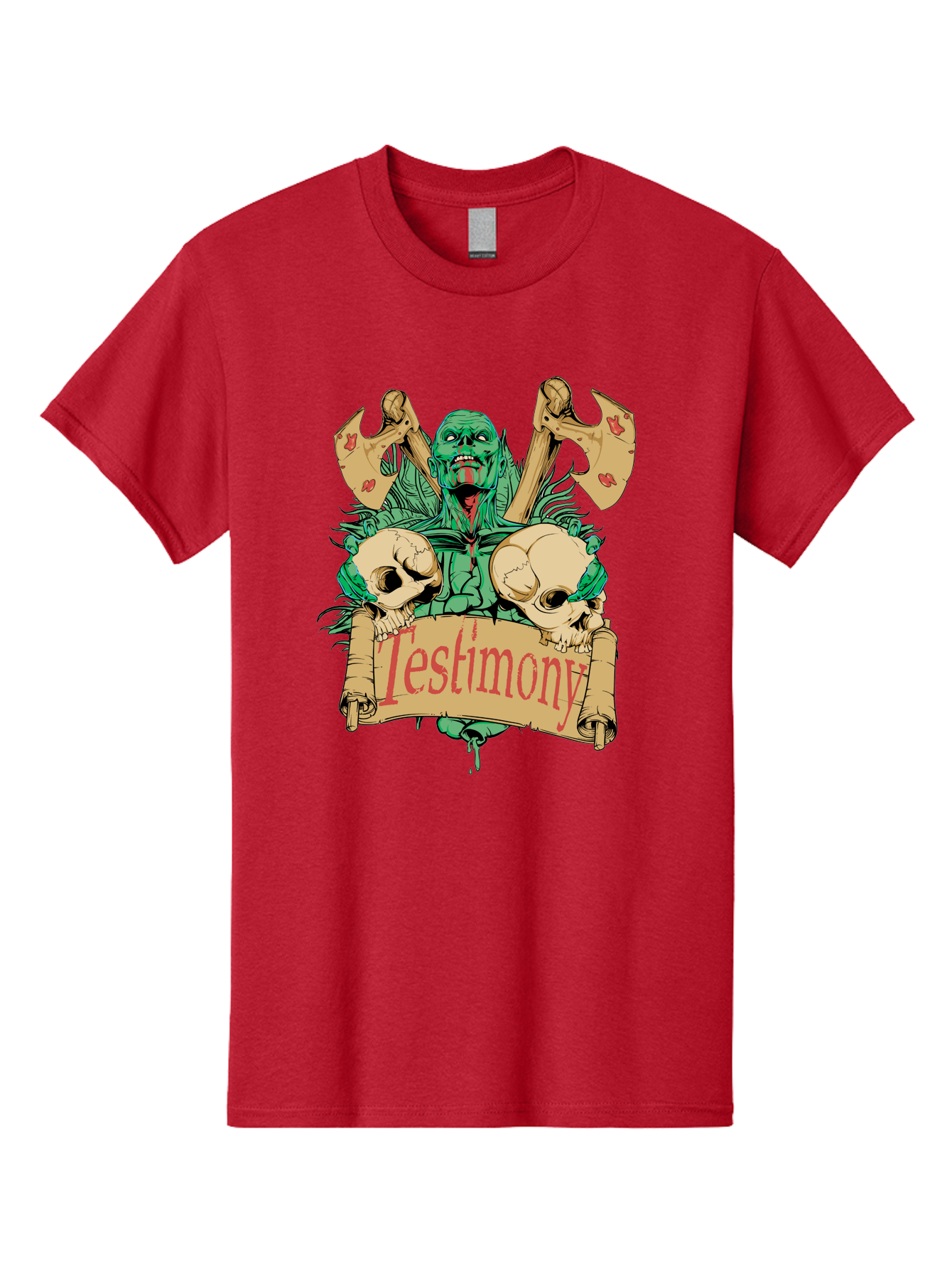 Blood Axe Testimony Men'S Graphic Tee, 100% Cotton, Comfortable Casual Summer Wear, Machine Washable, Zombie Holding Banner, Testimony Scroll, Skulls And Axes, Horror Elements, Dark Fantasy Art, Eerie Atmosphere, Intense Graphic Design, Aae149 9