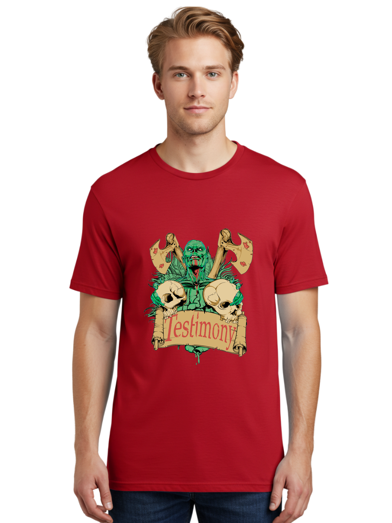 Blood Axe Testimony Men'S Graphic Tee, 100% Cotton, Comfortable Casual Summer Wear, Machine Washable, Zombie Holding Banner, Testimony Scroll, Skulls And Axes, Horror Elements, Dark Fantasy Art, Eerie Atmosphere, Intense Graphic Design, Aae149 10