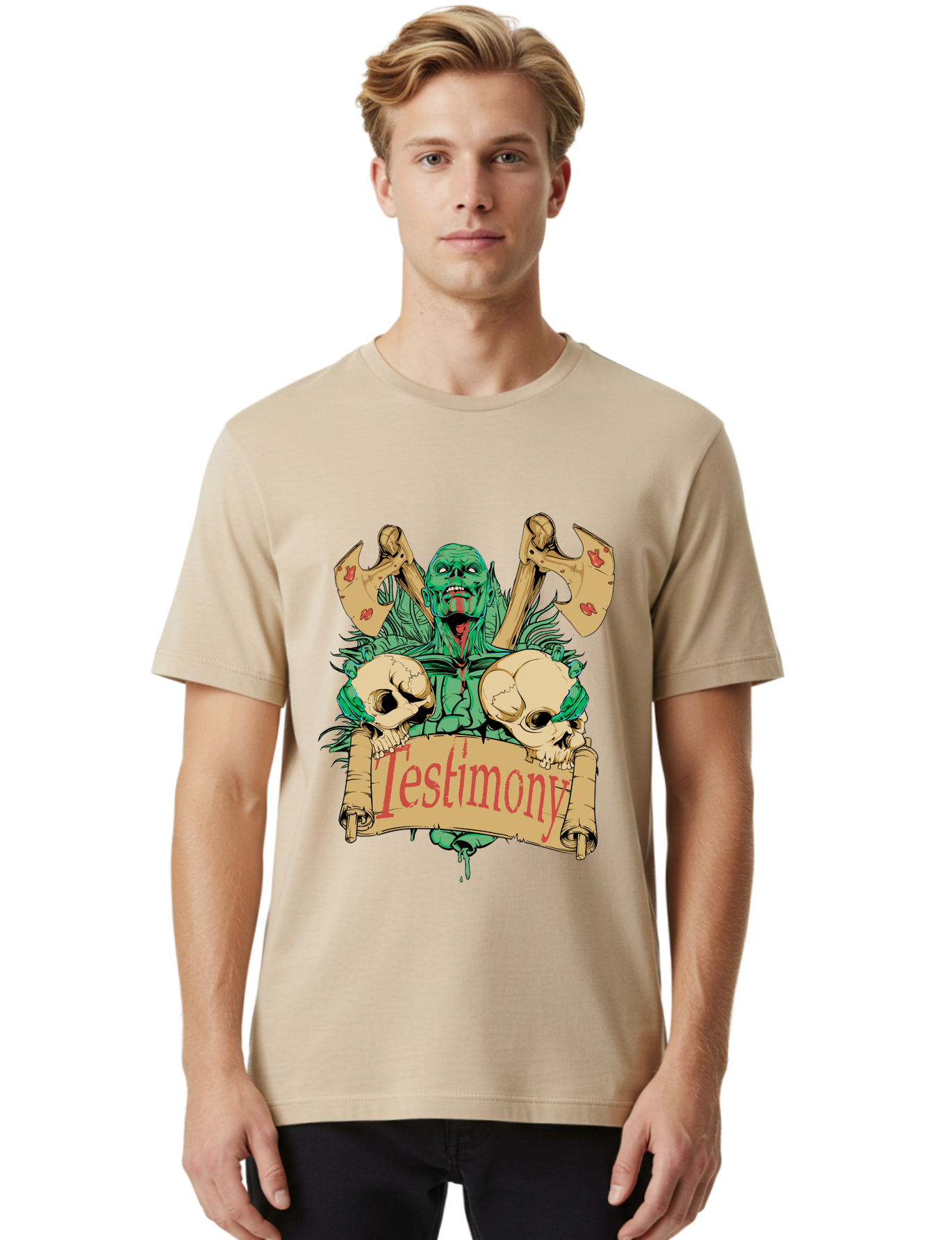 Blood Axe Testimony Men'S Graphic Tee, 100% Cotton, Comfortable Casual Summer Wear, Machine Washable, Zombie Holding Banner, Testimony Scroll, Skulls And Axes, Horror Elements, Dark Fantasy Art, Eerie Atmosphere, Intense Graphic Design, Aae149 22
