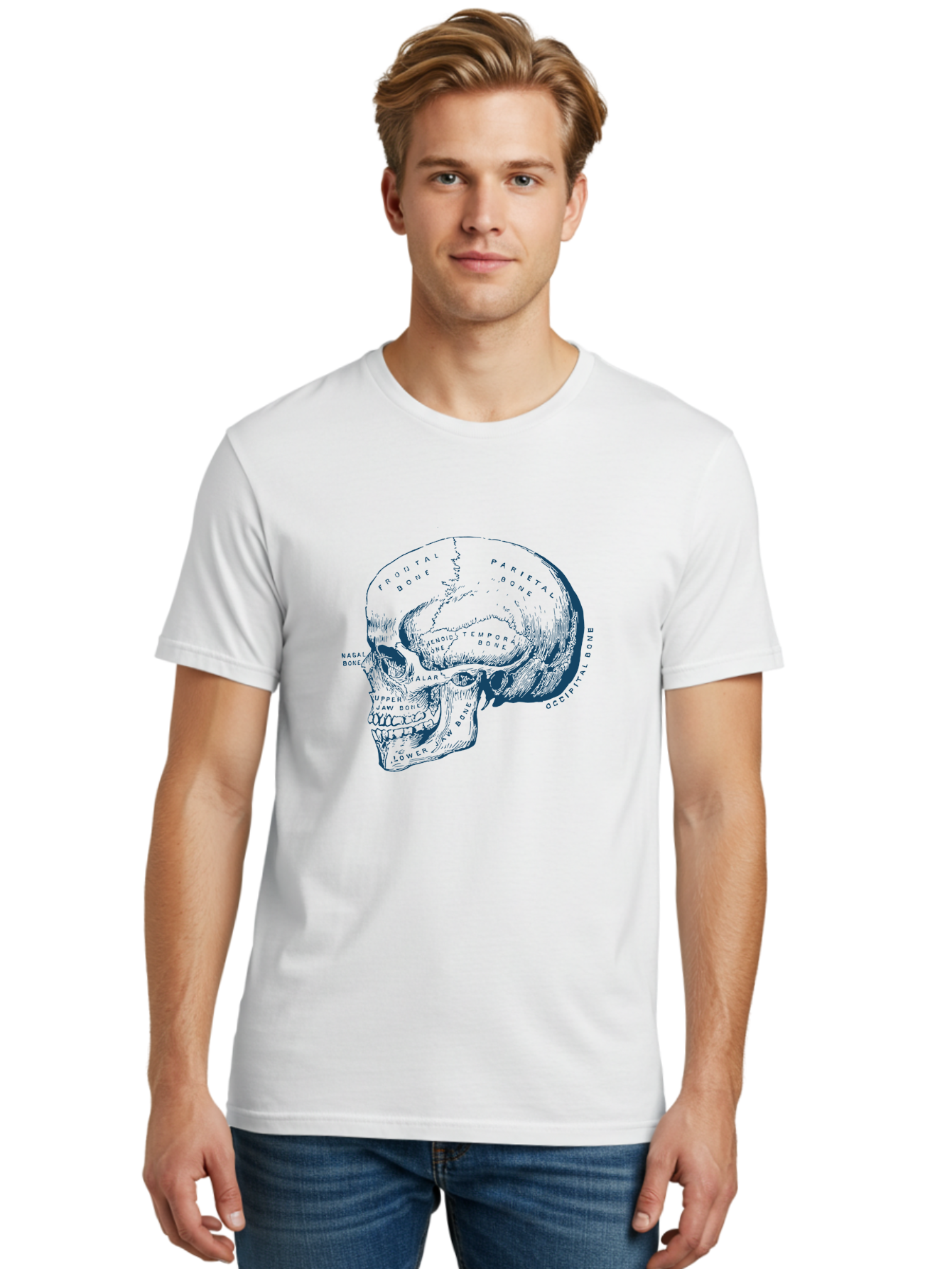 Blueprint Skull Men'S Graphic Tee, 100% Cotton, Comfortable Casual Summer Wear, Machine Washable, Human Skull, Anatomical Diagram, Labeled Bones, Frontal Bone, Parietal Bone, Occipital Bone, Temporal Bone, Jaw Bone, Medical Illustration, Aae151 30
