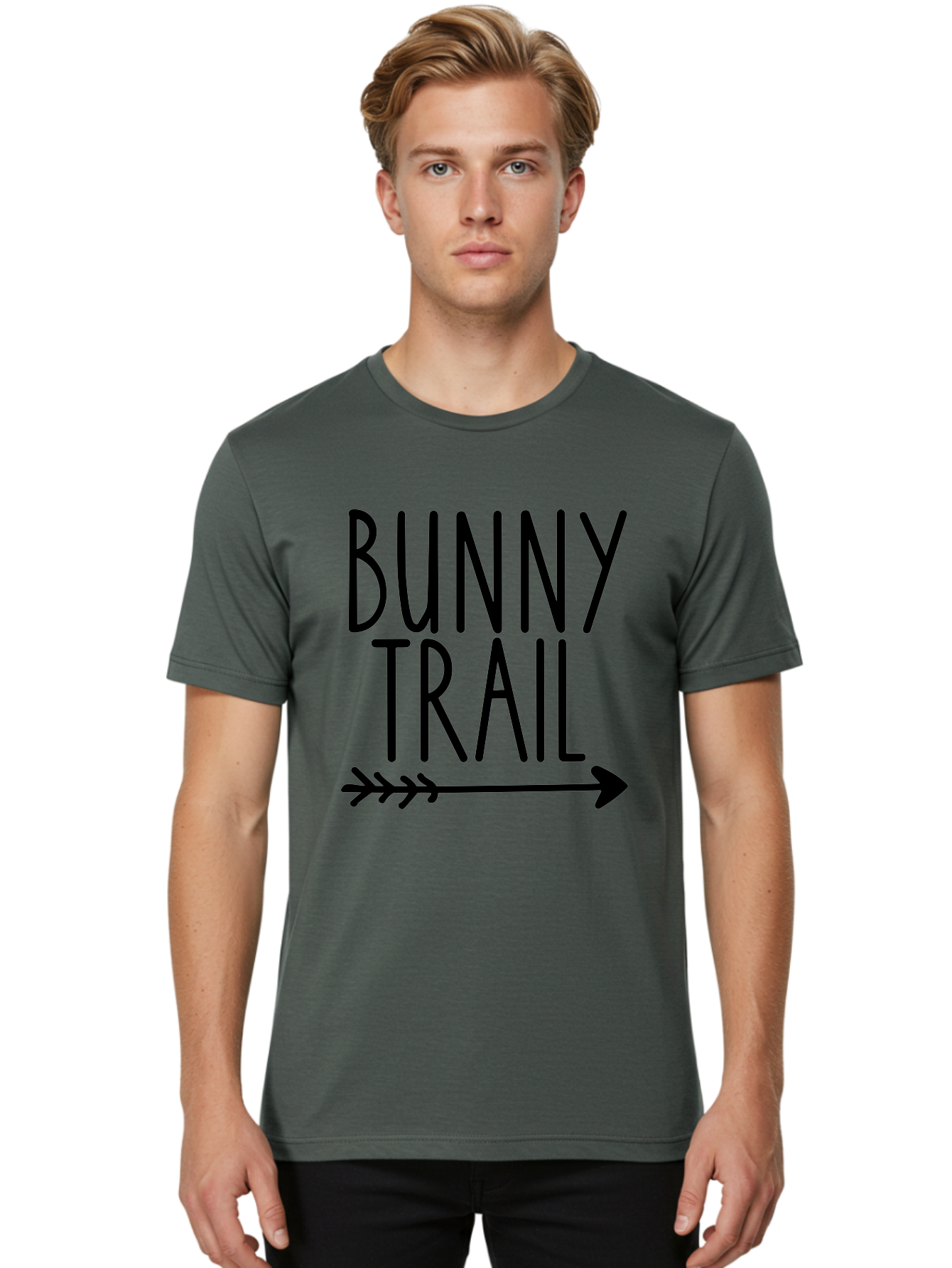 Bunny Trail This Way Men'S Graphic Tee, 100% Cotton, Comfortable Casual Summer Wear, Machine Washable, Bunny Trail, Arrow Graphic, Directional Signage, Playful Design, Whimsical Theme, Black Text, Bold Font, Graphic Illustration, Easter Theme, Aae162 12