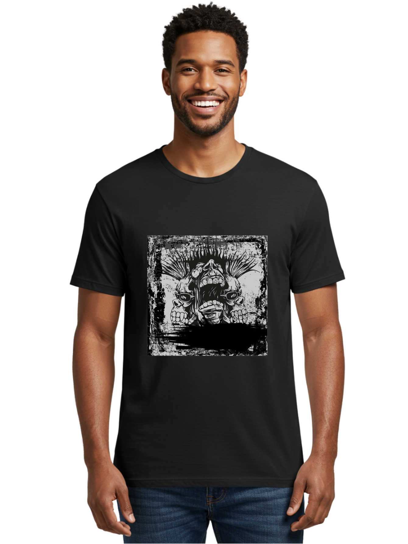 Chaos Triplet Men'S Graphic Tee, 100% Cotton, Comfortable Casual Summer Wear, Machine Washable, Punk Rock Art, Grunge Aesthetic, Triple Skull Head, Mohawk Hairstyle, Aggressive Vibe, Skull Art, Black And White Illustration, Punk Culture, Aae177 30