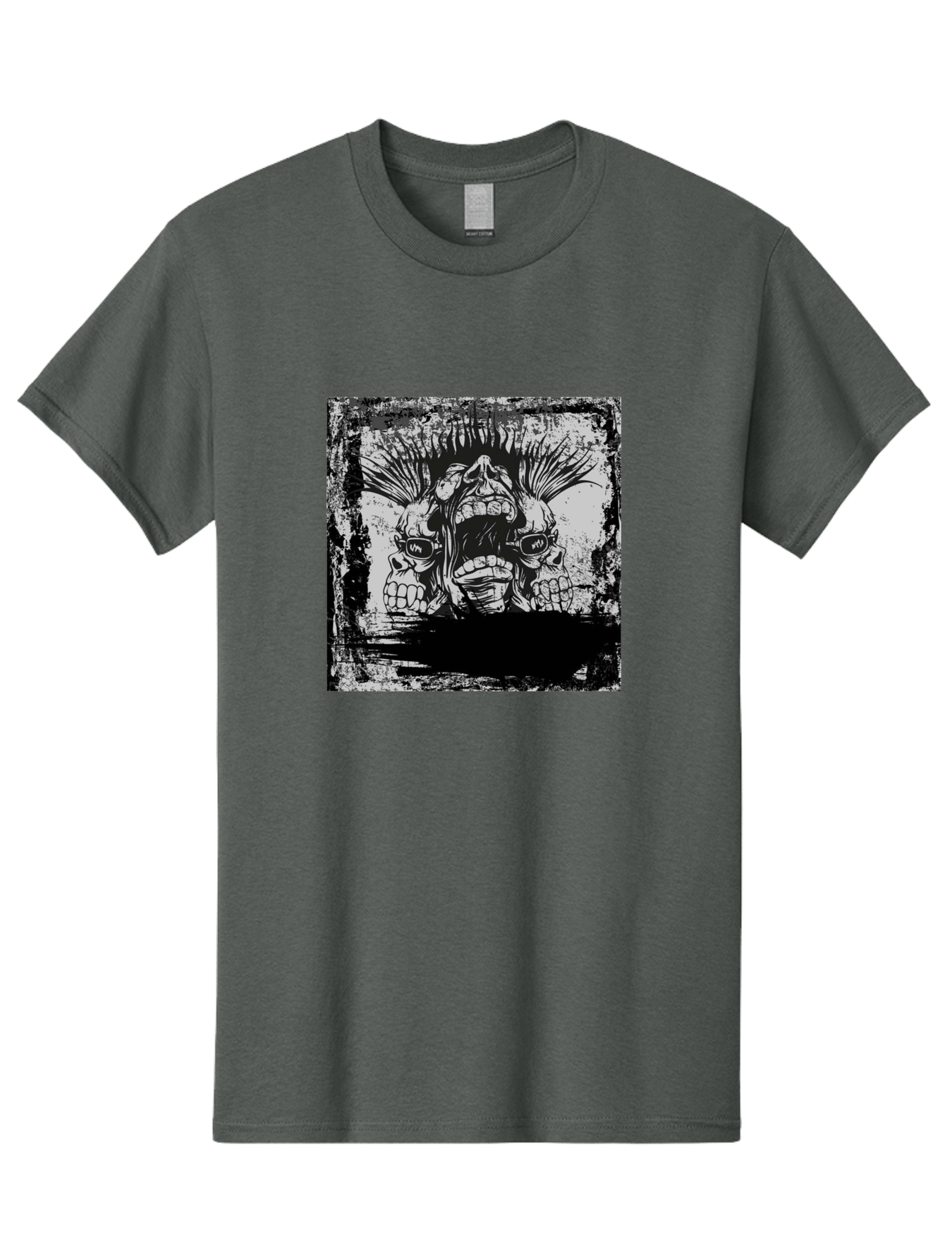Chaos Triplet Men'S Graphic Tee, 100% Cotton, Comfortable Casual Summer Wear, Machine Washable, Punk Rock Art, Grunge Aesthetic, Triple Skull Head, Mohawk Hairstyle, Aggressive Vibe, Skull Art, Black And White Illustration, Punk Culture, Aae177 23