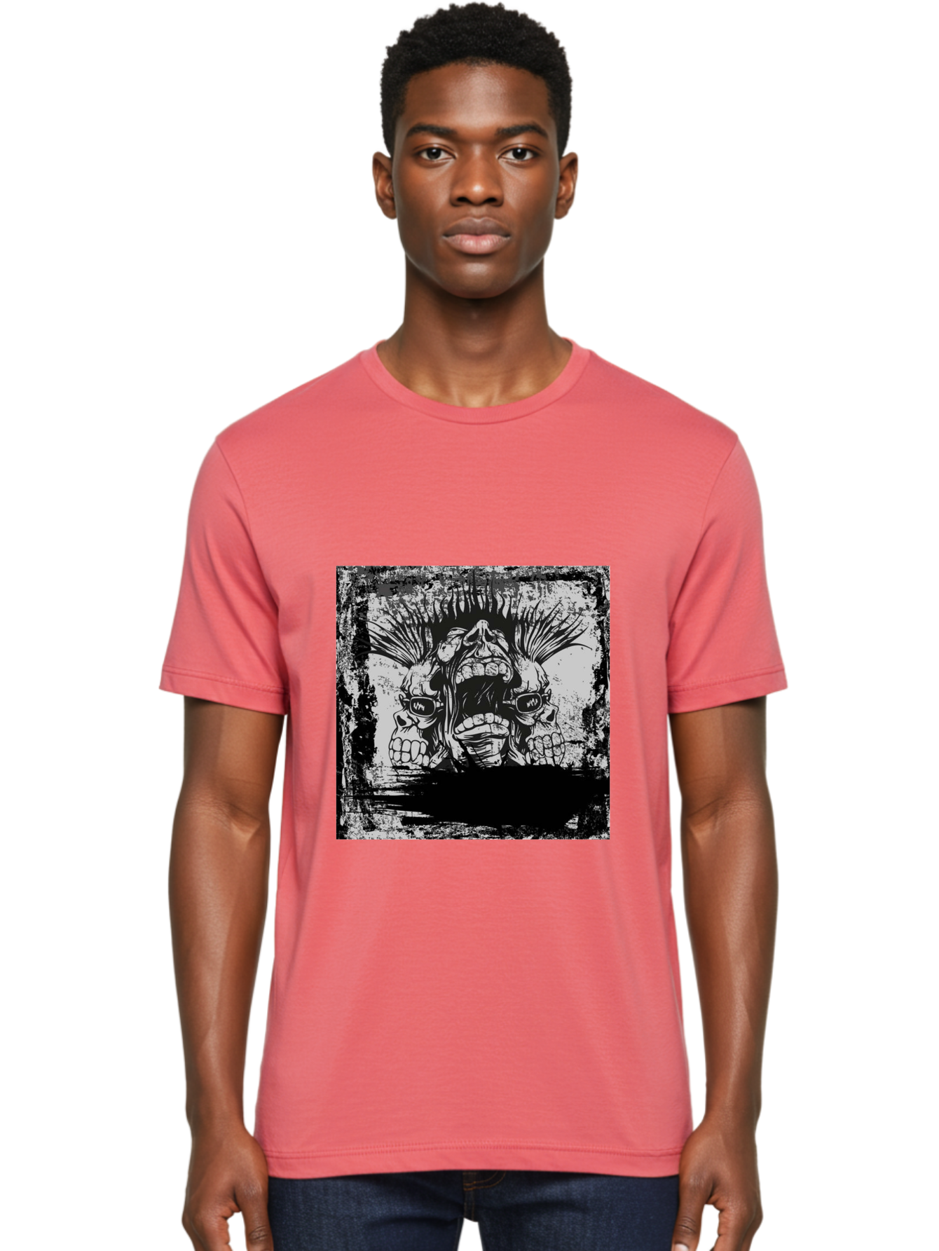 Chaos Triplet Men'S Graphic Tee, 100% Cotton, Comfortable Casual Summer Wear, Machine Washable, Punk Rock Art, Grunge Aesthetic, Triple Skull Head, Mohawk Hairstyle, Aggressive Vibe, Skull Art, Black And White Illustration, Punk Culture, Aae177 8