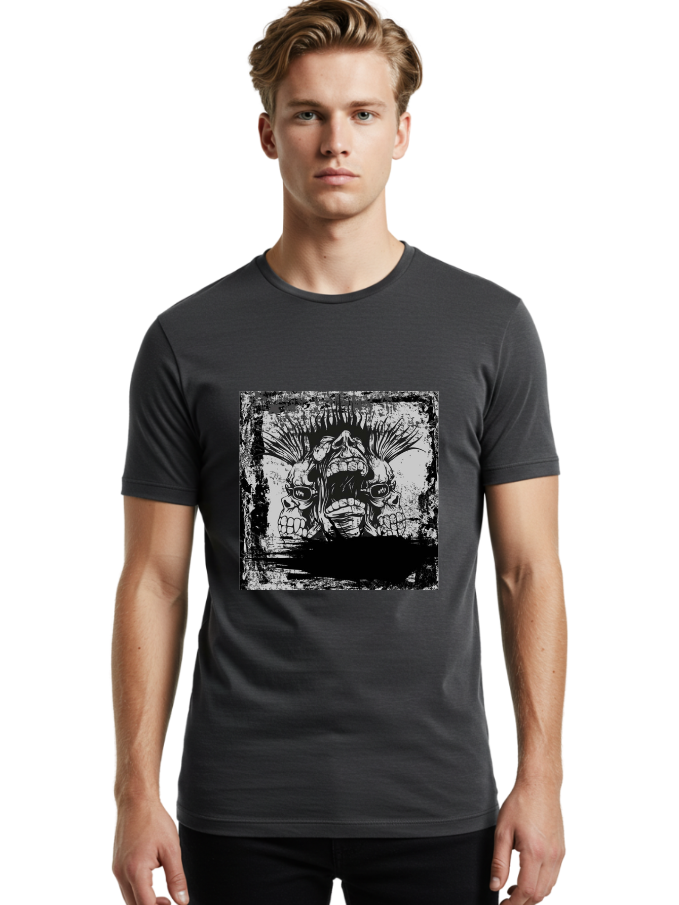 Chaos Triplet Men'S Graphic Tee, 100% Cotton, Comfortable Casual Summer Wear, Machine Washable, Punk Rock Art, Grunge Aesthetic, Triple Skull Head, Mohawk Hairstyle, Aggressive Vibe, Skull Art, Black And White Illustration, Punk Culture, Aae177 16