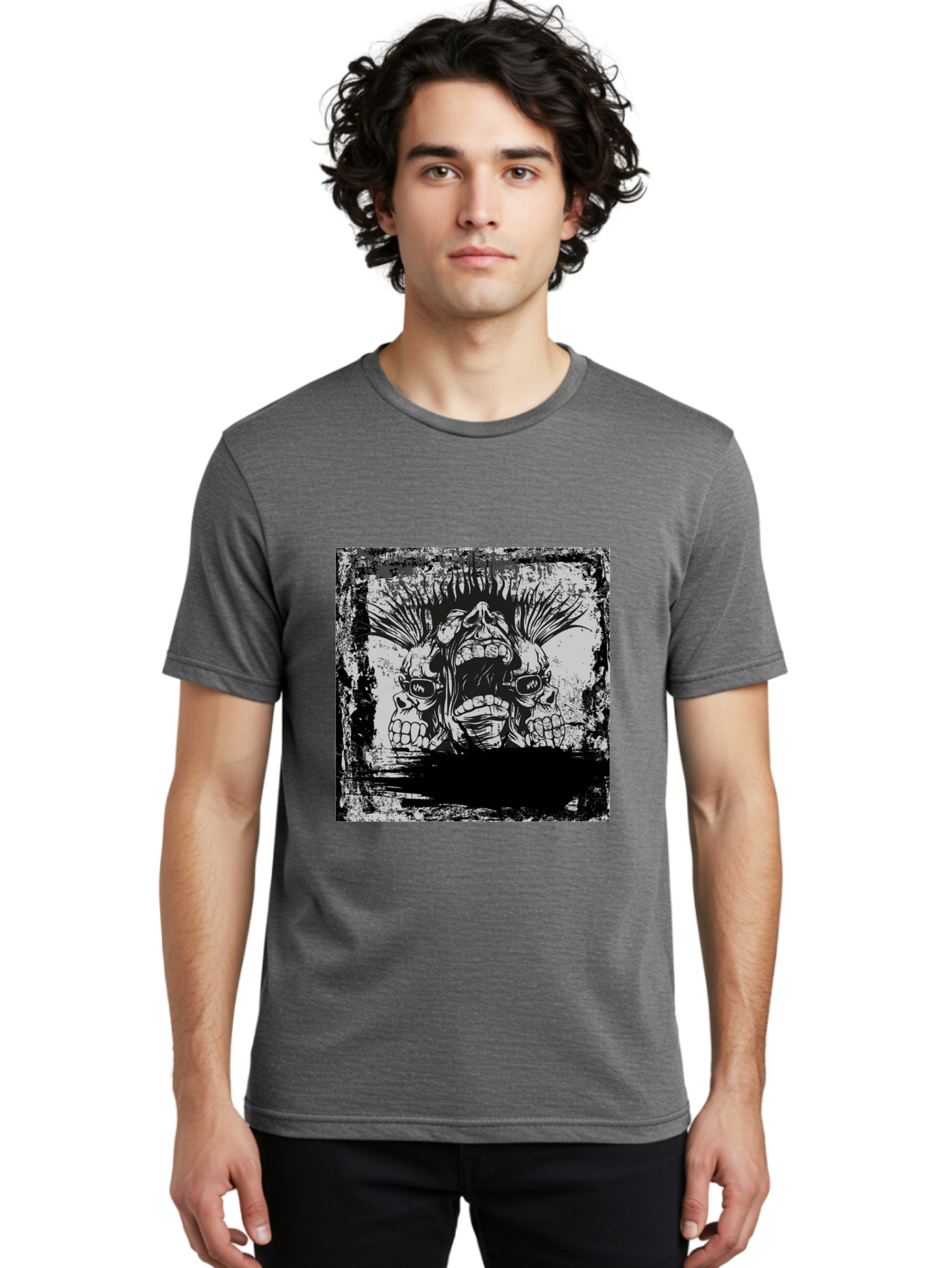 Chaos Triplet Men'S Graphic Tee, 100% Cotton, Comfortable Casual Summer Wear, Machine Washable, Punk Rock Art, Grunge Aesthetic, Triple Skull Head, Mohawk Hairstyle, Aggressive Vibe, Skull Art, Black And White Illustration, Punk Culture, Aae177 18