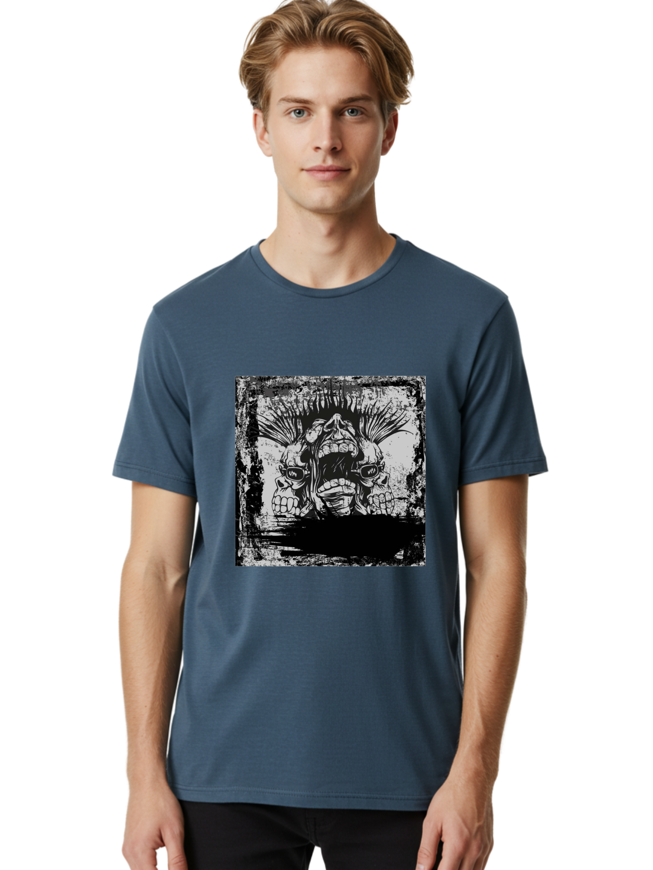 Chaos Triplet Men'S Graphic Tee, 100% Cotton, Comfortable Casual Summer Wear, Machine Washable, Punk Rock Art, Grunge Aesthetic, Triple Skull Head, Mohawk Hairstyle, Aggressive Vibe, Skull Art, Black And White Illustration, Punk Culture, Aae177 14