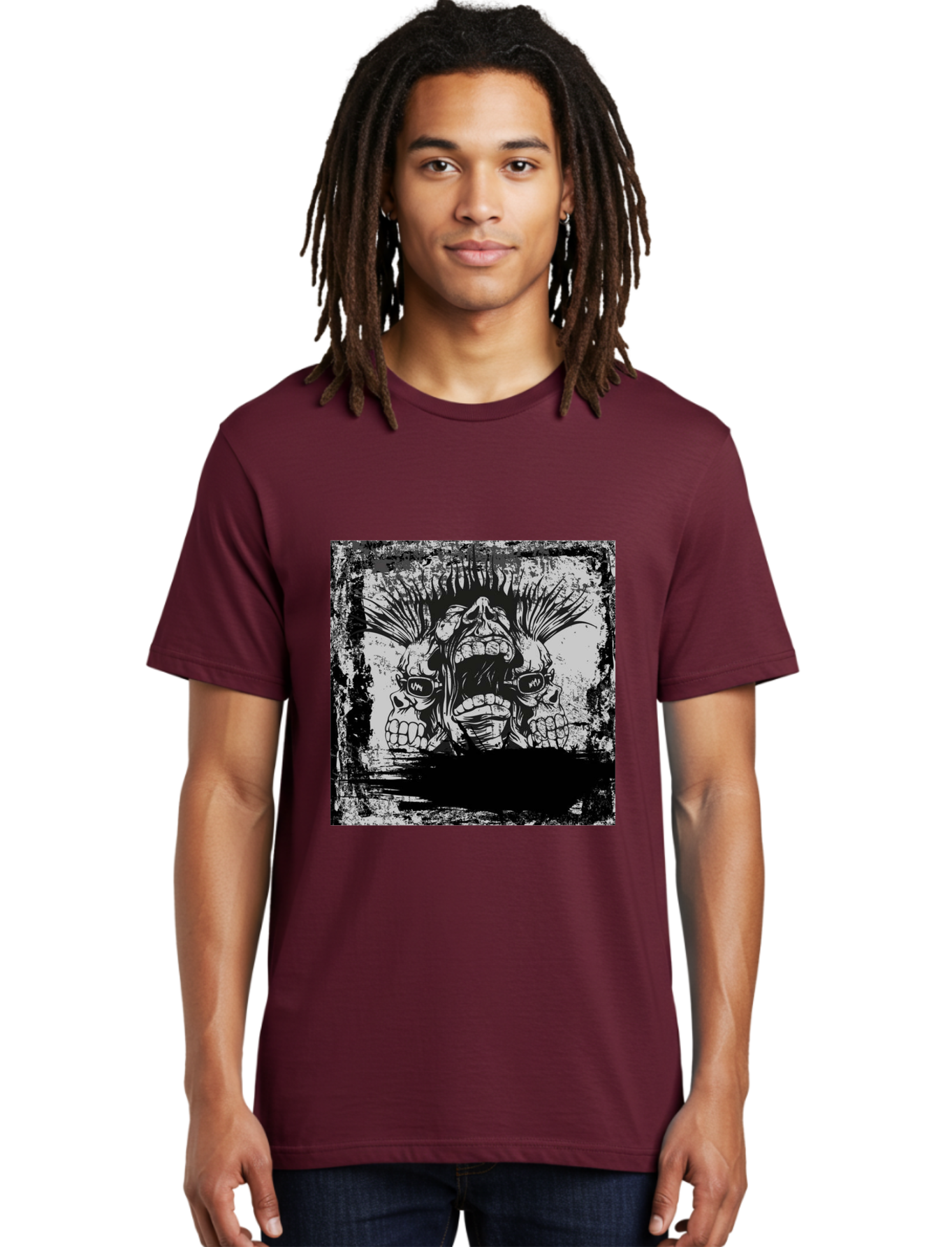 Chaos Triplet Men'S Graphic Tee, 100% Cotton, Comfortable Casual Summer Wear, Machine Washable, Punk Rock Art, Grunge Aesthetic, Triple Skull Head, Mohawk Hairstyle, Aggressive Vibe, Skull Art, Black And White Illustration, Punk Culture, Aae177 22