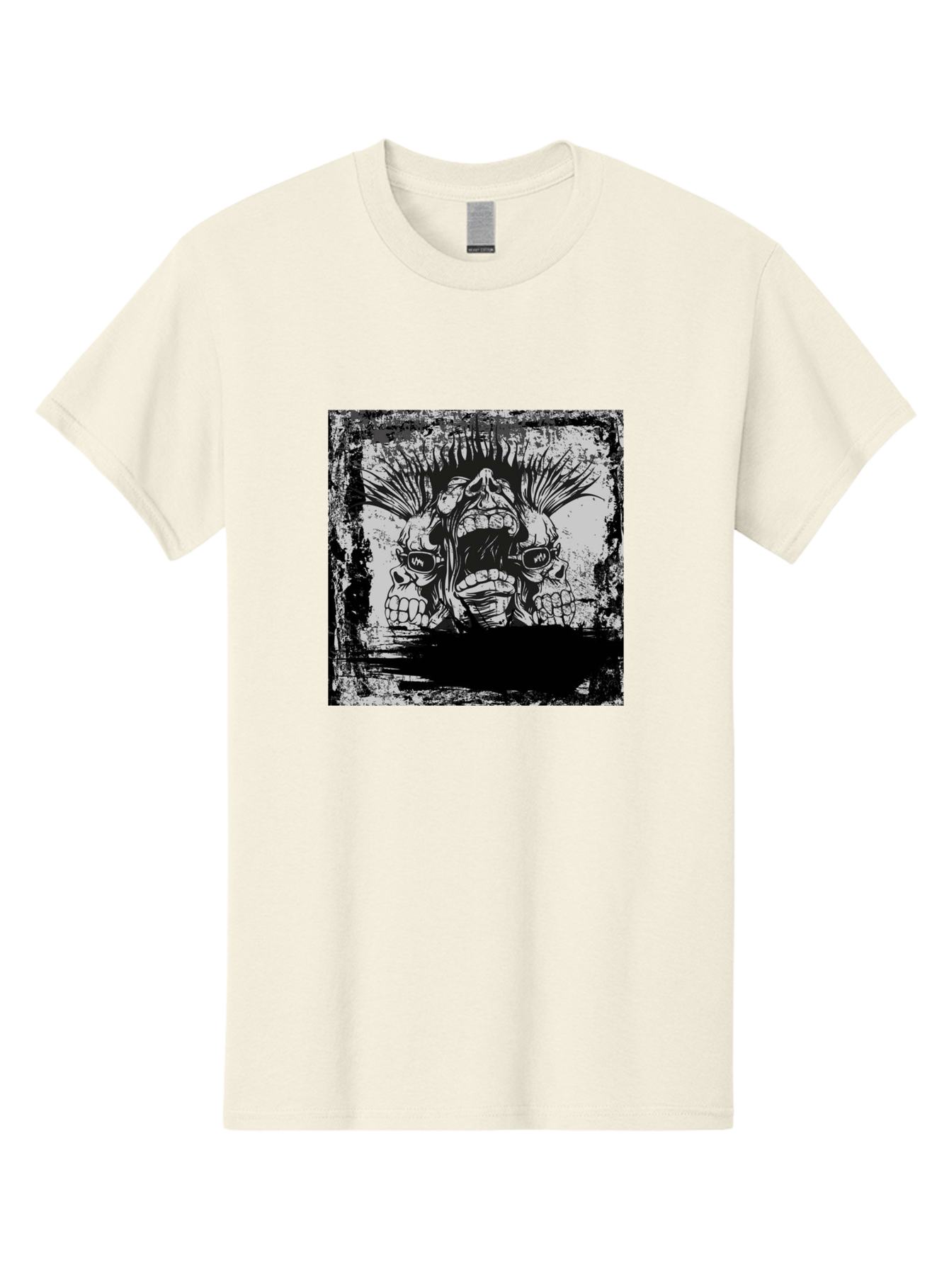 Chaos Triplet Men'S Graphic Tee, 100% Cotton, Comfortable Casual Summer Wear, Machine Washable, Punk Rock Art, Grunge Aesthetic, Triple Skull Head, Mohawk Hairstyle, Aggressive Vibe, Skull Art, Black And White Illustration, Punk Culture, Aae177 25