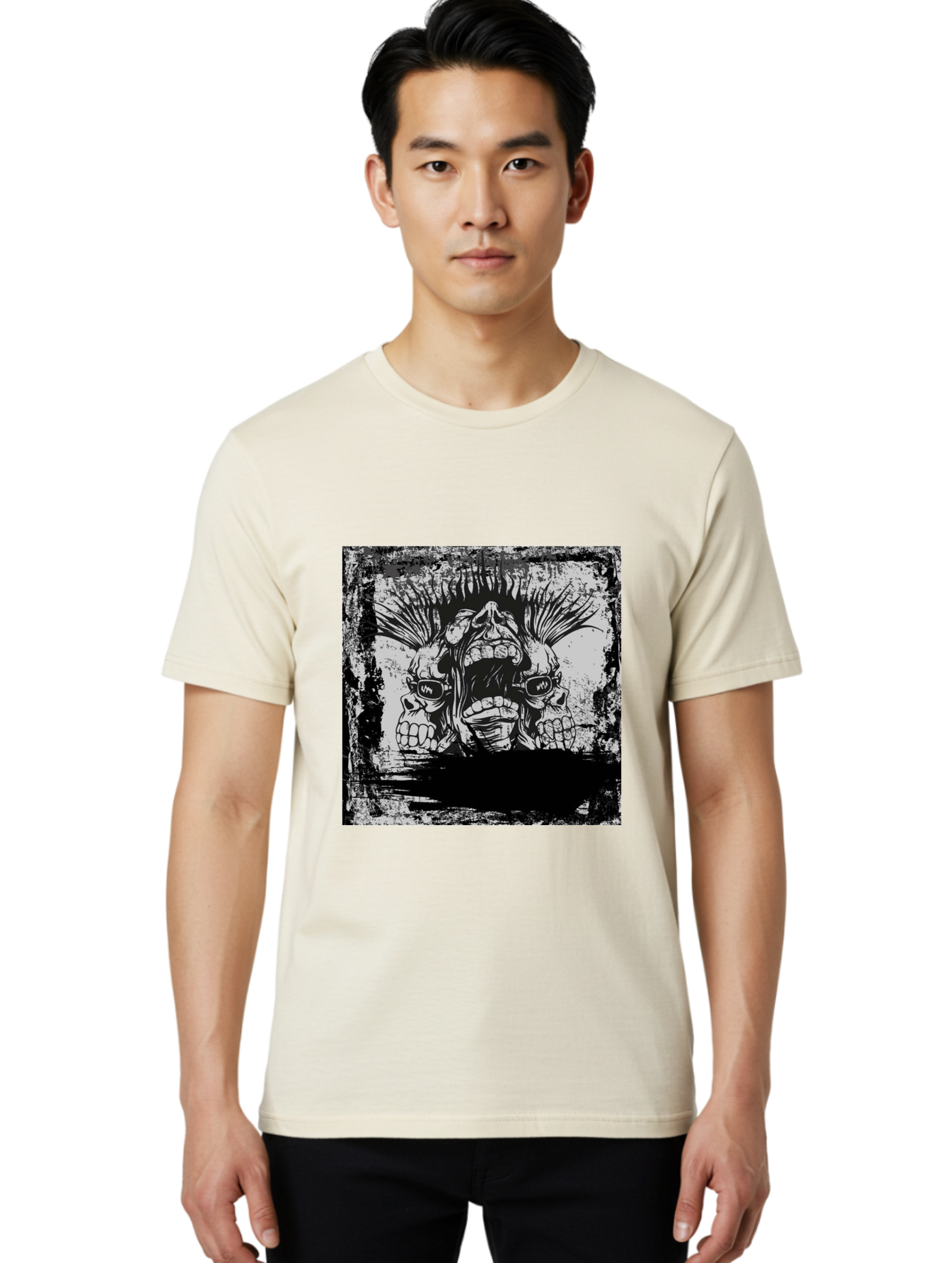Chaos Triplet Men'S Graphic Tee, 100% Cotton, Comfortable Casual Summer Wear, Machine Washable, Punk Rock Art, Grunge Aesthetic, Triple Skull Head, Mohawk Hairstyle, Aggressive Vibe, Skull Art, Black And White Illustration, Punk Culture, Aae177 26