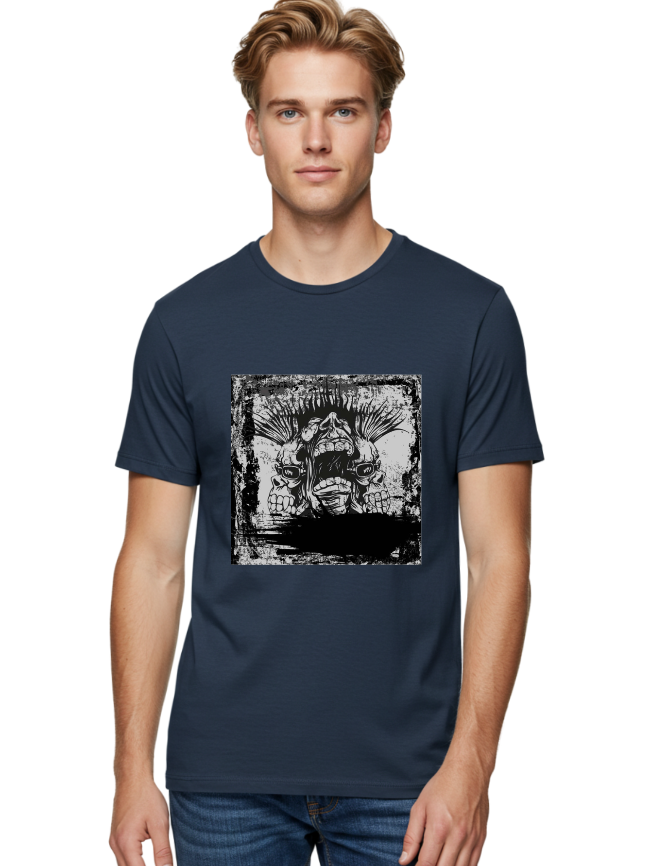 Chaos Triplet Men'S Graphic Tee, 100% Cotton, Comfortable Casual Summer Wear, Machine Washable, Punk Rock Art, Grunge Aesthetic, Triple Skull Head, Mohawk Hairstyle, Aggressive Vibe, Skull Art, Black And White Illustration, Punk Culture, Aae177 20