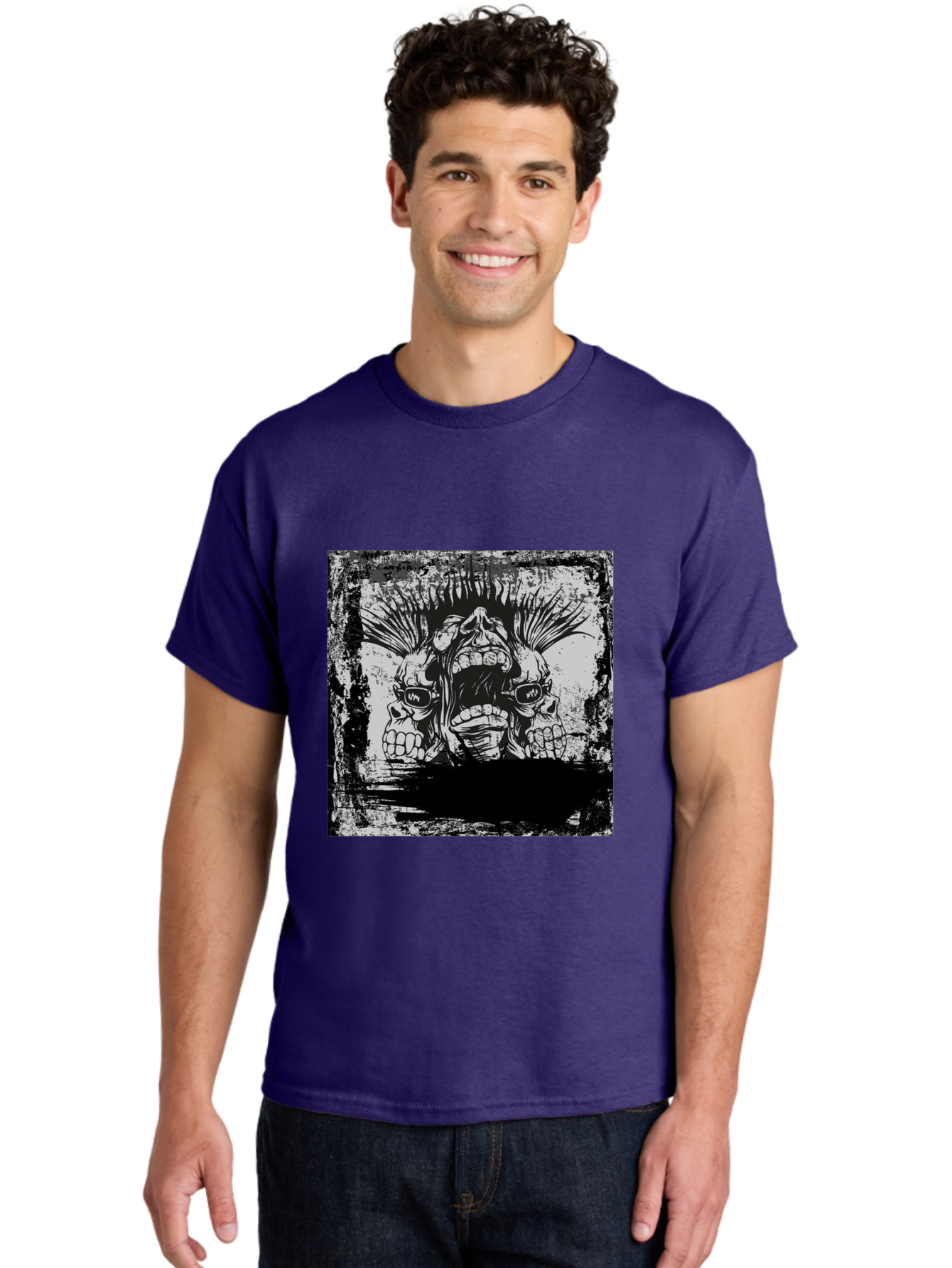 Chaos Triplet Men'S Graphic Tee, 100% Cotton, Comfortable Casual Summer Wear, Machine Washable, Punk Rock Art, Grunge Aesthetic, Triple Skull Head, Mohawk Hairstyle, Aggressive Vibe, Skull Art, Black And White Illustration, Punk Culture, Aae177 12