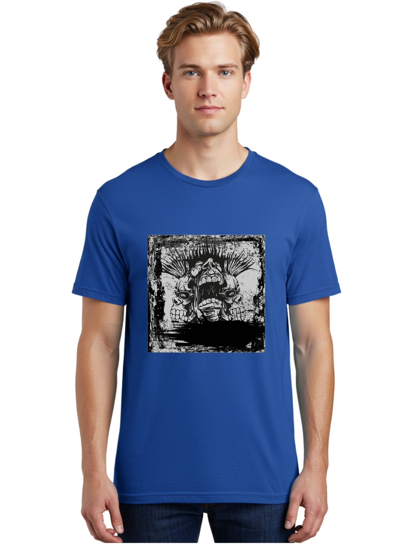 Chaos Triplet Men'S Graphic Tee, 100% Cotton, Comfortable Casual Summer Wear, Machine Washable, Punk Rock Art, Grunge Aesthetic, Triple Skull Head, Mohawk Hairstyle, Aggressive Vibe, Skull Art, Black And White Illustration, Punk Culture, Aae177 6