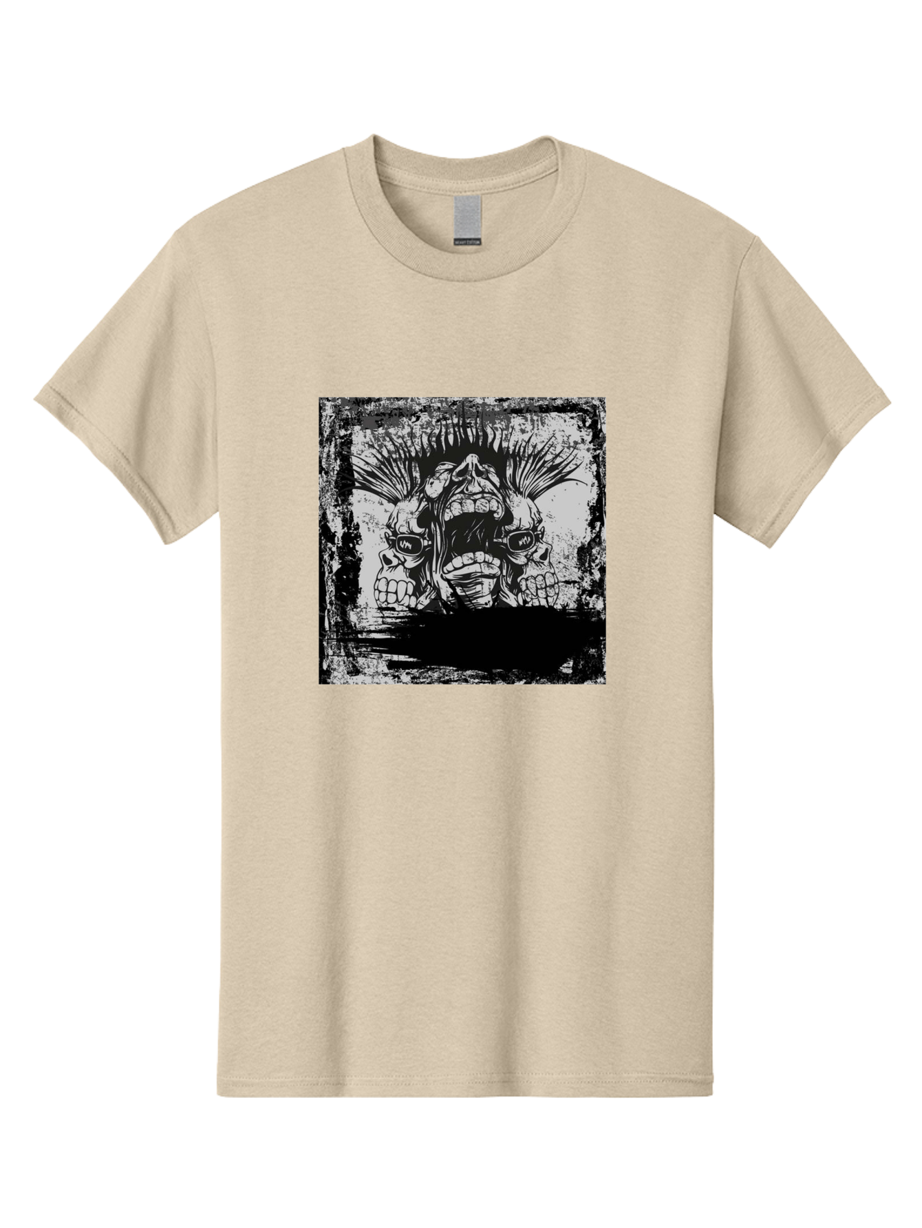Chaos Triplet Men'S Graphic Tee, 100% Cotton, Comfortable Casual Summer Wear, Machine Washable, Punk Rock Art, Grunge Aesthetic, Triple Skull Head, Mohawk Hairstyle, Aggressive Vibe, Skull Art, Black And White Illustration, Punk Culture, Aae177 3