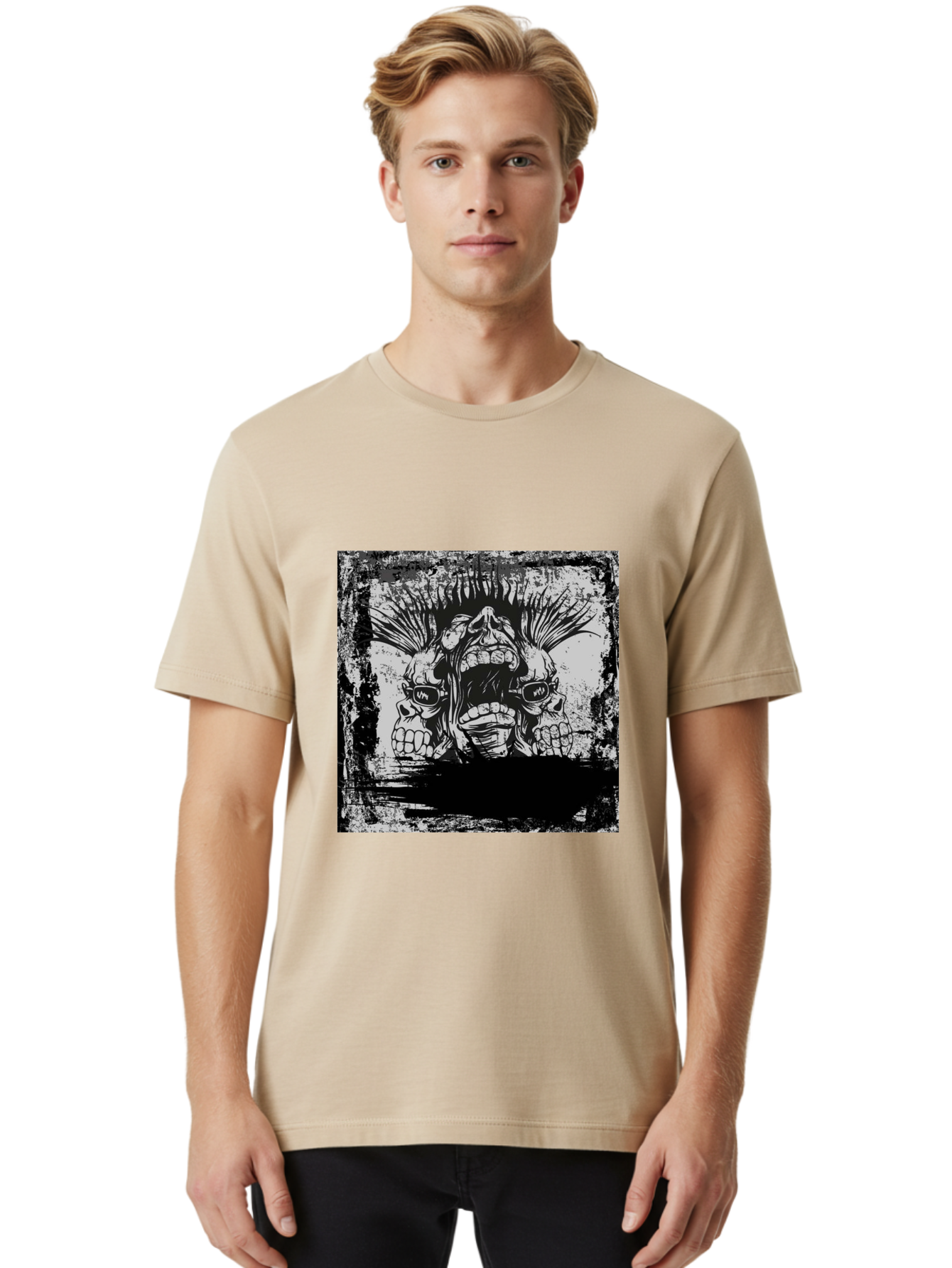Chaos Triplet Men'S Graphic Tee, 100% Cotton, Comfortable Casual Summer Wear, Machine Washable, Punk Rock Art, Grunge Aesthetic, Triple Skull Head, Mohawk Hairstyle, Aggressive Vibe, Skull Art, Black And White Illustration, Punk Culture, Aae177 4