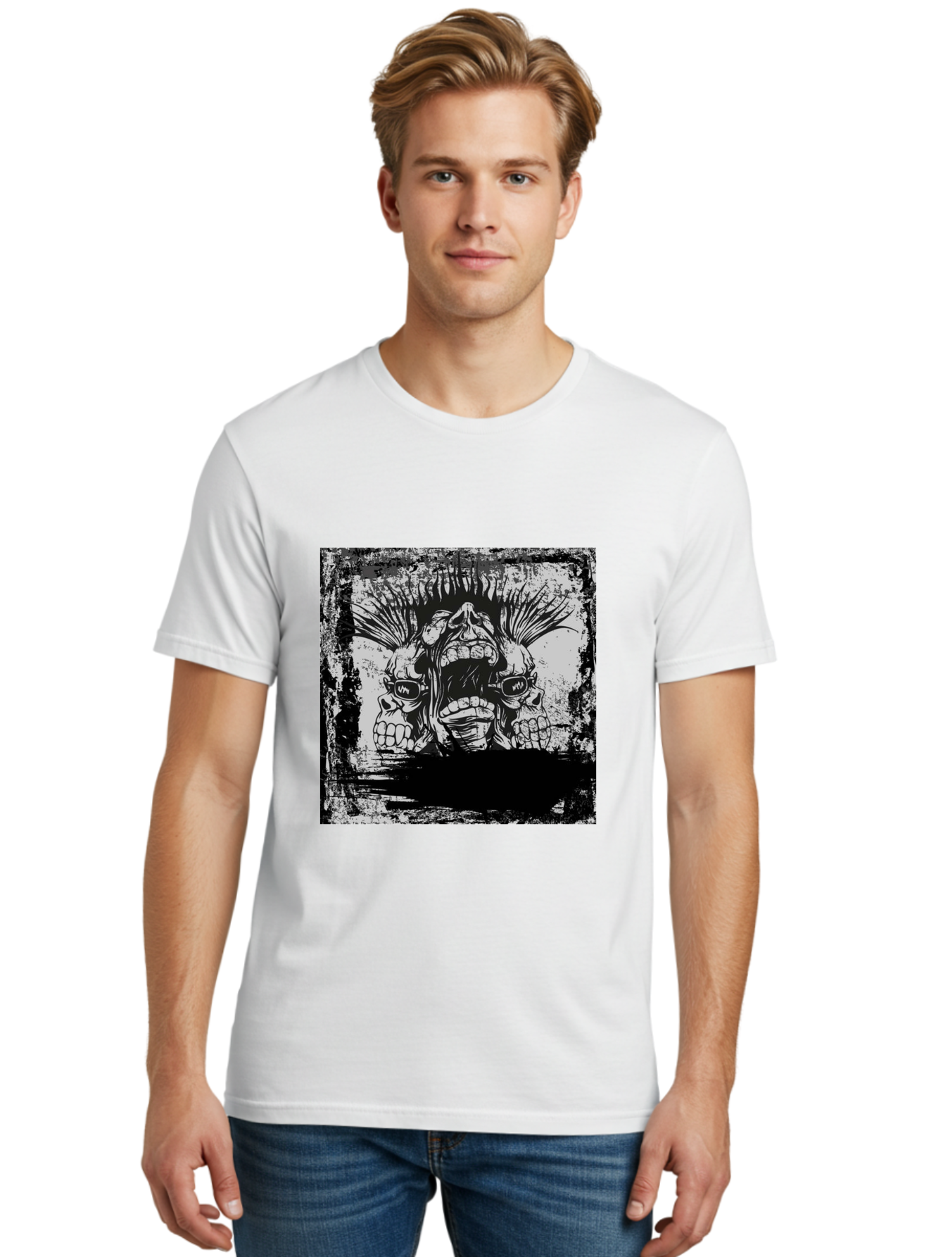 Chaos Triplet Men'S Graphic Tee, 100% Cotton, Comfortable Casual Summer Wear, Machine Washable, Punk Rock Art, Grunge Aesthetic, Triple Skull Head, Mohawk Hairstyle, Aggressive Vibe, Skull Art, Black And White Illustration, Punk Culture, Aae177 10