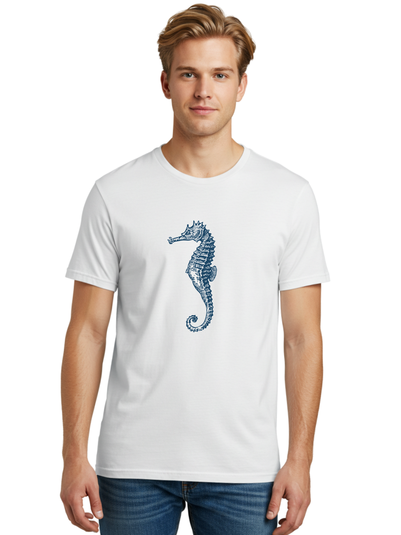 Classic Seahorse Men'S Graphic Tee, 100% Cotton, Comfortable Casual Summer Wear, Machine Washable, Seahorse, Ocean Creature, Marine Life, Underwater World, Blue Illustration, Detailed Artwork, Wildlife, Majestic Animal, Oceanic Beauty, Aae193 30