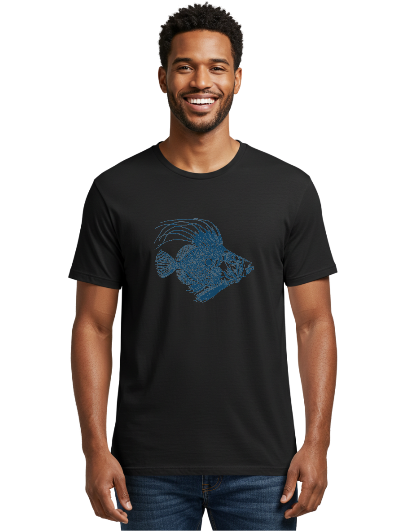 Crestthorn Fish Men'S Graphic Tee, 100% Cotton, Comfortable Casual Summer Wear, Machine Washable, Blue Fish, Detailed Illustration, Marine Life, Aquatic Animal, Fins, Scales, Underwater World, Ocean Creature, Vibrant Artwork, Textured Design, Aae213 18