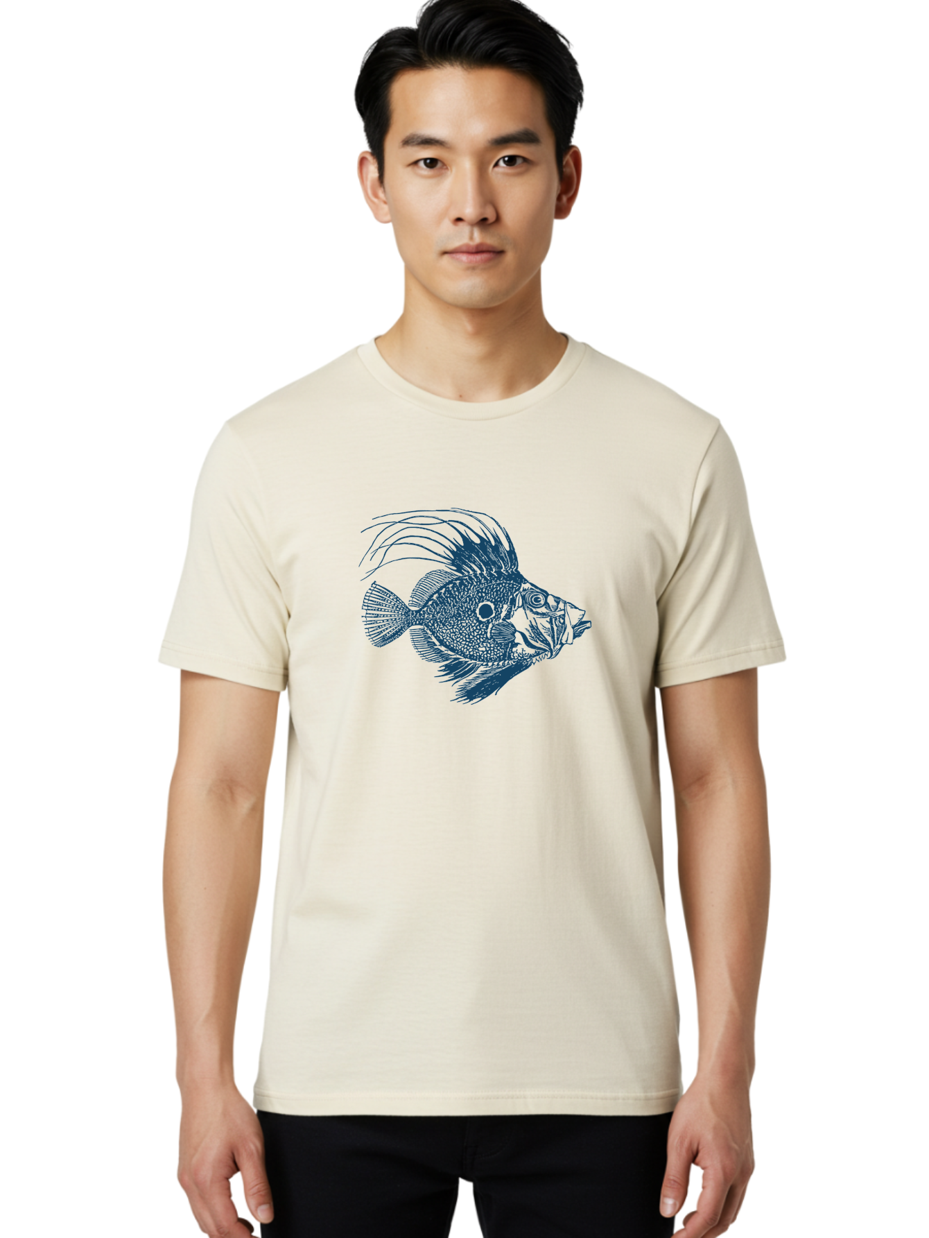 Crestthorn Fish Men'S Graphic Tee, 100% Cotton, Comfortable Casual Summer Wear, Machine Washable, Blue Fish, Detailed Illustration, Marine Life, Aquatic Animal, Fins, Scales, Underwater World, Ocean Creature, Vibrant Artwork, Textured Design, Aae213 12