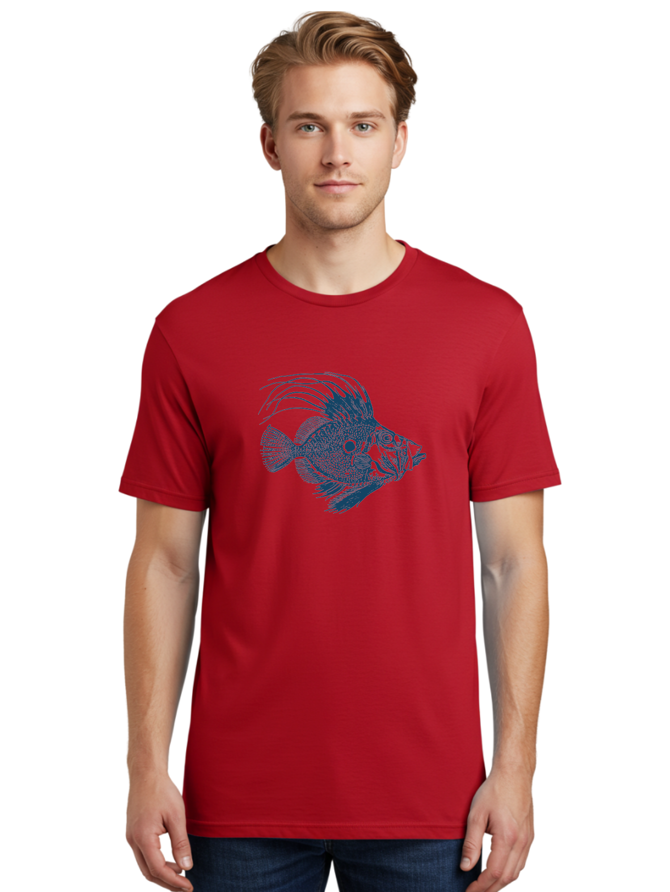 Crestthorn Fish Men'S Graphic Tee, 100% Cotton, Comfortable Casual Summer Wear, Machine Washable, Blue Fish, Detailed Illustration, Marine Life, Aquatic Animal, Fins, Scales, Underwater World, Ocean Creature, Vibrant Artwork, Textured Design, Aae213 10
