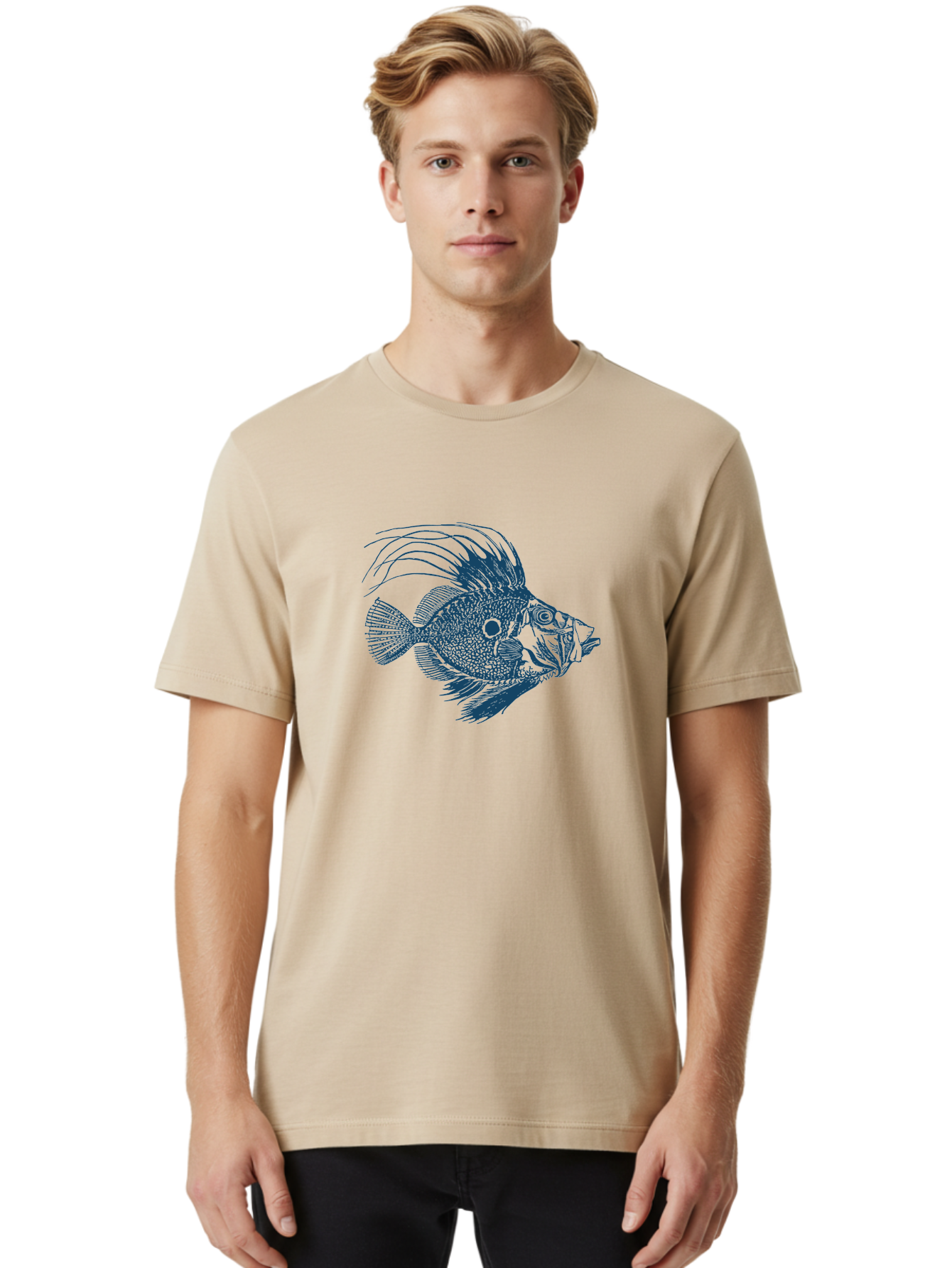 Crestthorn Fish Men'S Graphic Tee, 100% Cotton, Comfortable Casual Summer Wear, Machine Washable, Blue Fish, Detailed Illustration, Marine Life, Aquatic Animal, Fins, Scales, Underwater World, Ocean Creature, Vibrant Artwork, Textured Design, Aae213 26