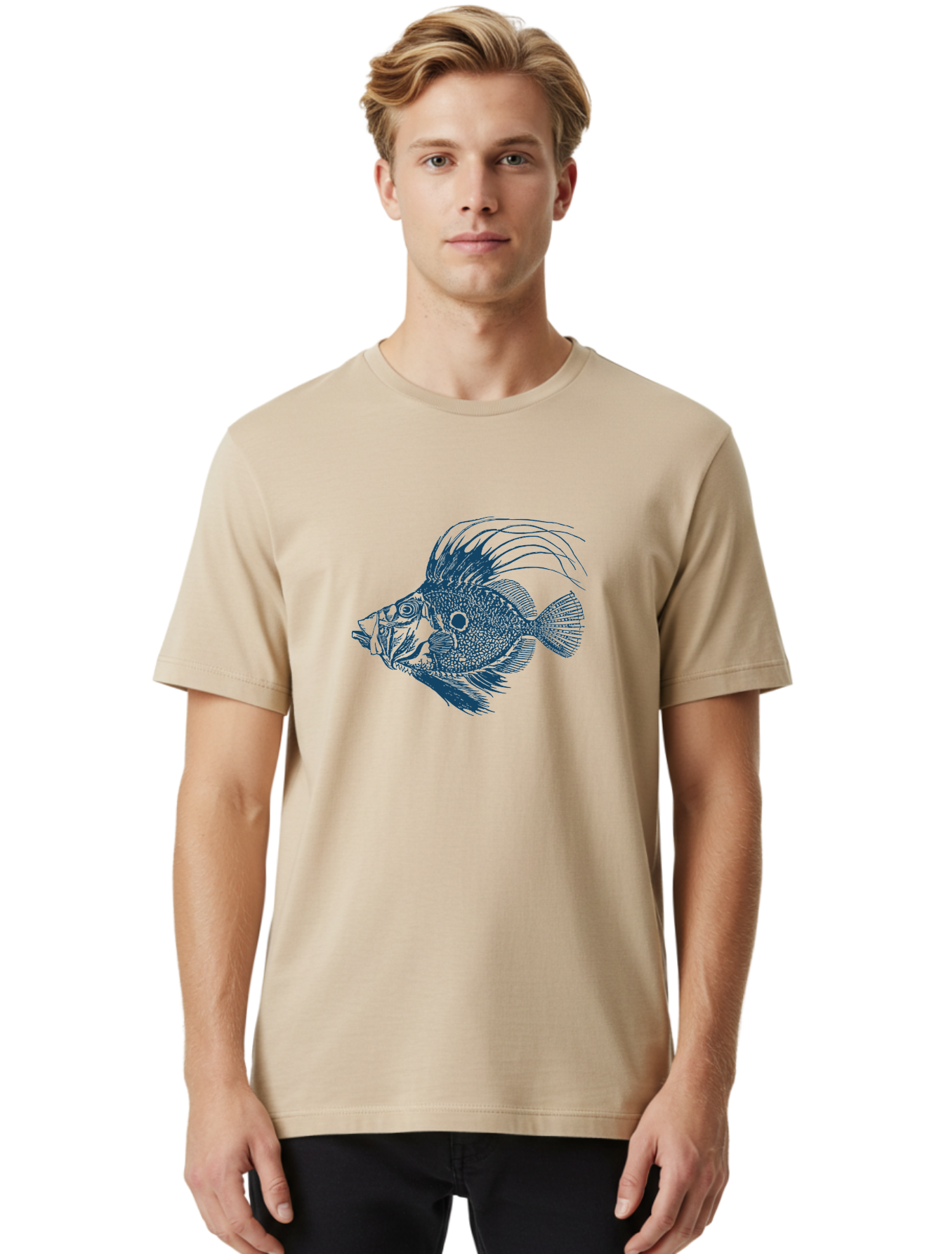 Crestthorn Fish 2 Men'S Graphic Tee, 100% Cotton, Comfortable Casual Summer Wear, Machine Washable, Cichlid Fish Illustration, Aquatic Life, Detailed Drawing, Blue And Green Hues, Fins And Scales, Freshwater Fish, Ocean Creature, Modern Art, Aae214 20