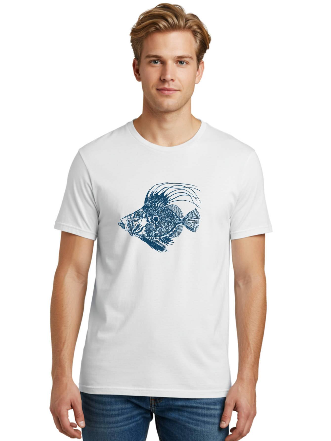 Crestthorn Fish 2 Men'S Graphic Tee, 100% Cotton, Comfortable Casual Summer Wear, Machine Washable, Cichlid Fish Illustration, Aquatic Life, Detailed Drawing, Blue And Green Hues, Fins And Scales, Freshwater Fish, Ocean Creature, Modern Art, Aae214 28
