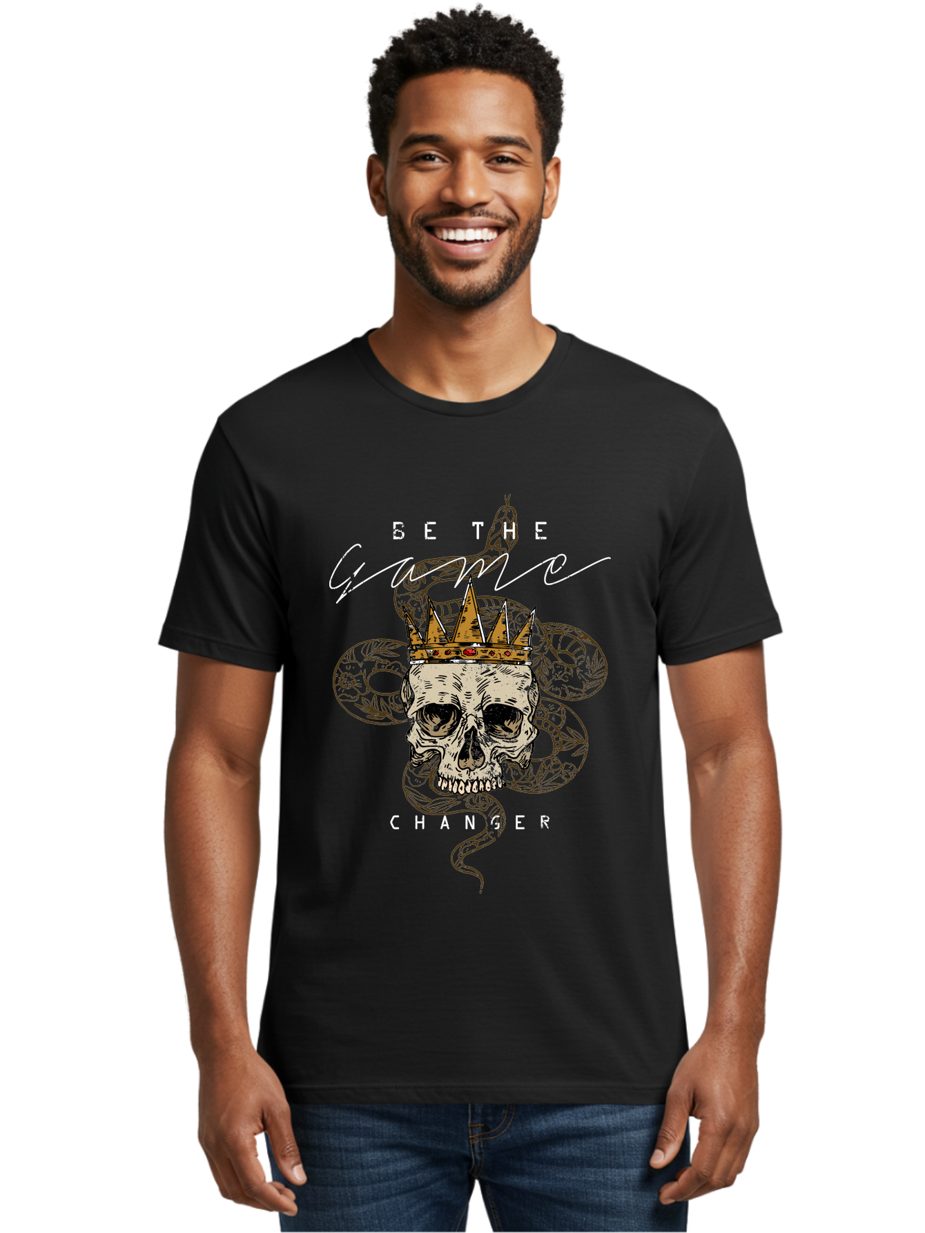 Crown Skull Men'S Graphic Tee, 100% Cotton, Comfortable Casual Summer Wear, Machine Washable, Skull With Crown And Snake, Game Changer, Motivational Quote, Skull Art, Crowned Skull, Snake Illustration, Bold Graphics, Edgy Design, Aae216 10