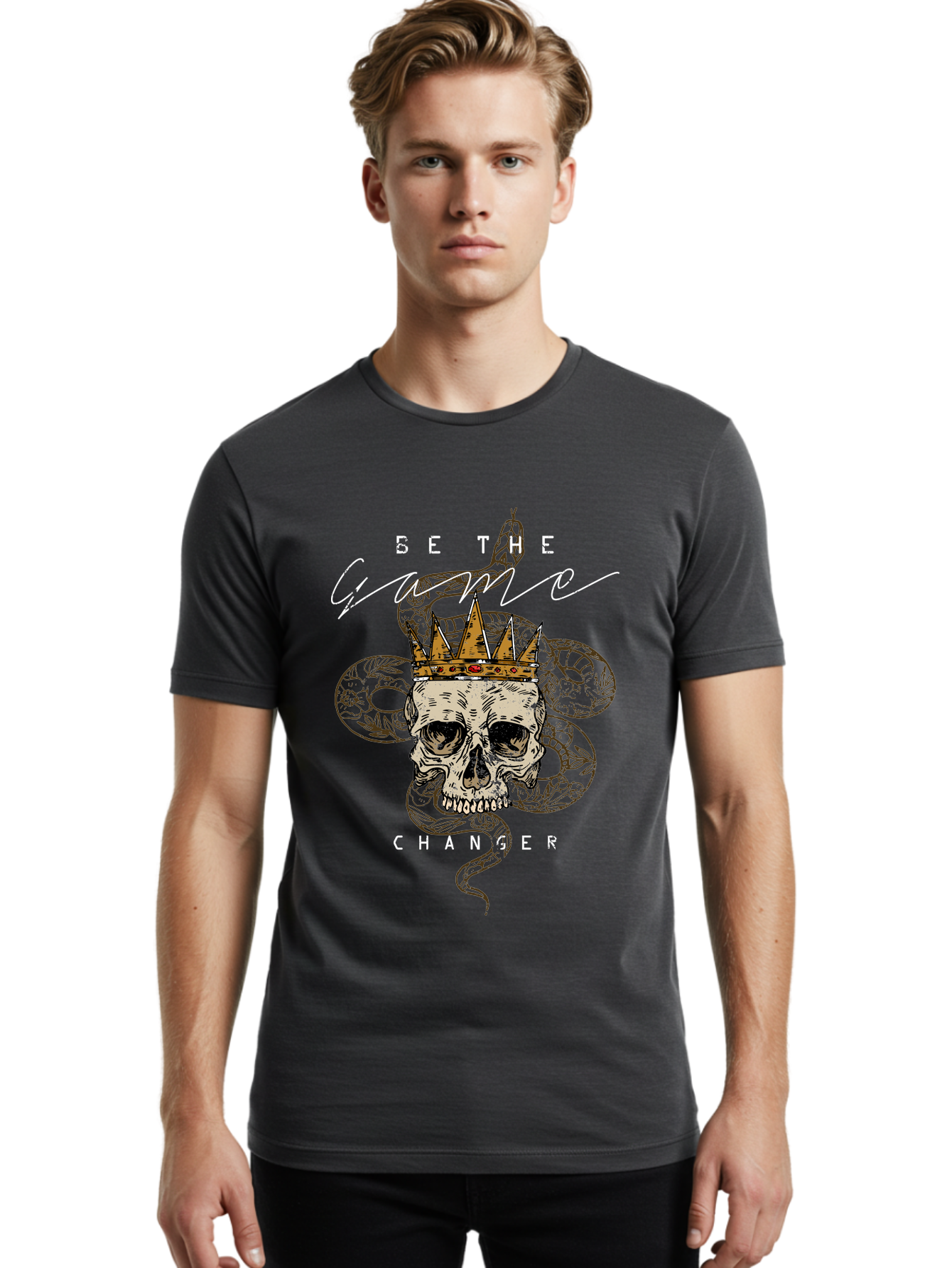 Crown Skull Men'S Graphic Tee, 100% Cotton, Comfortable Casual Summer Wear, Machine Washable, Skull With Crown And Snake, Game Changer, Motivational Quote, Skull Art, Crowned Skull, Snake Illustration, Bold Graphics, Edgy Design, Aae216 20