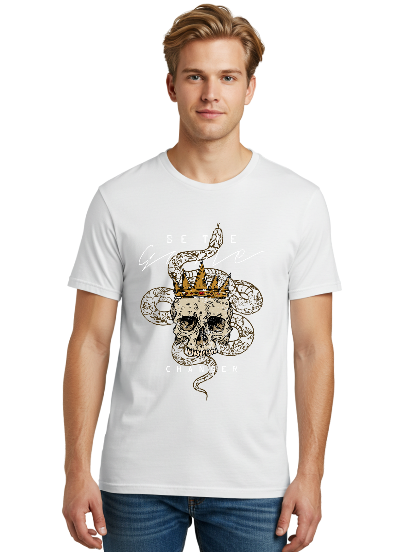 Crown Skull Men'S Graphic Tee, 100% Cotton, Comfortable Casual Summer Wear, Machine Washable, Skull With Crown And Snake, Game Changer, Motivational Quote, Skull Art, Crowned Skull, Snake Illustration, Bold Graphics, Edgy Design, Aae216 12