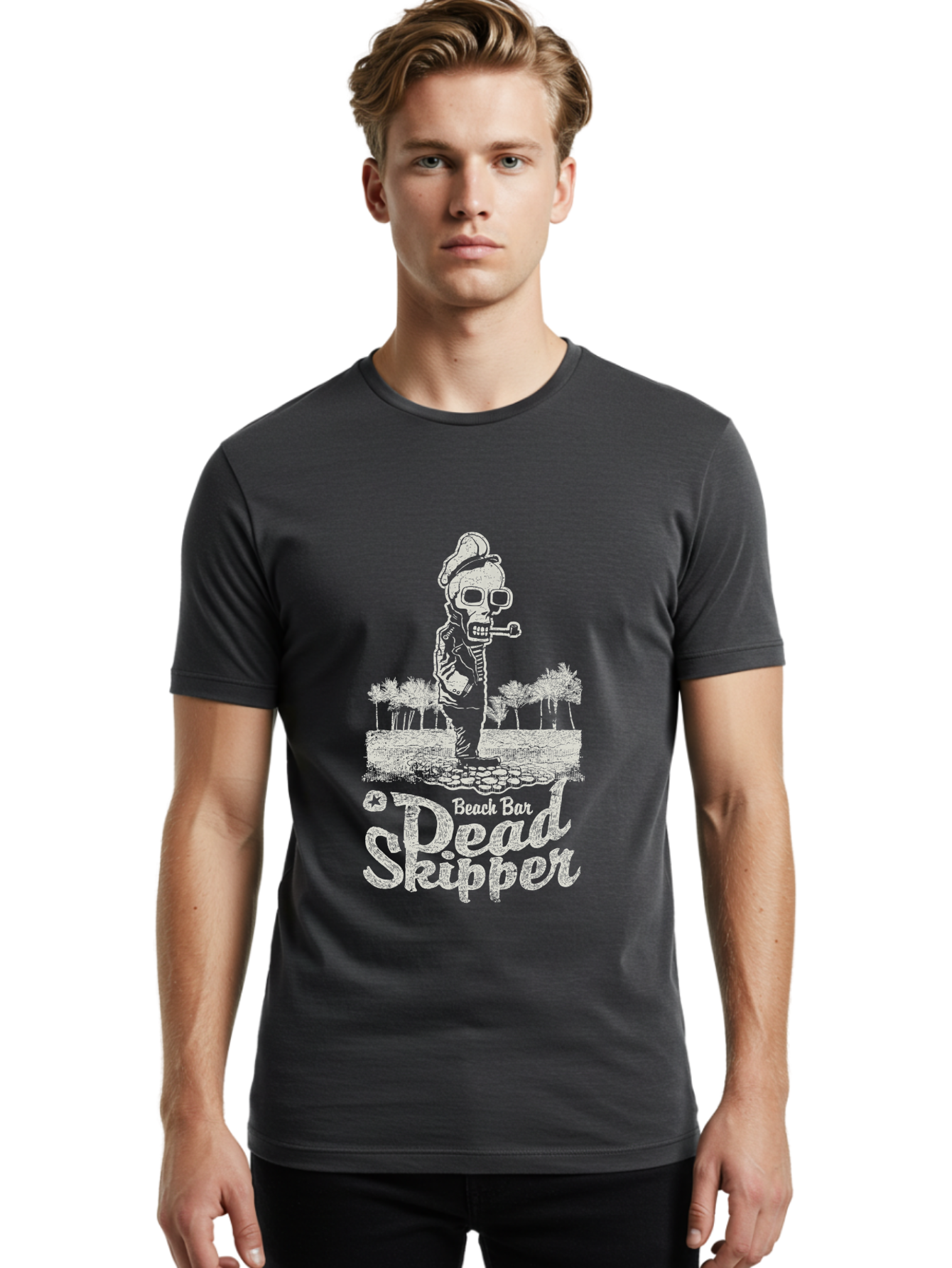 Dead Skipper Skull Men'S Graphic Tee, 100% Cotton, Comfortable Casual Summer Wear, Machine Washable, Skeleton Playing Guitar, Beach Bar Vibes, Tropical Setting, Palm Trees, Rock On, Summer Fun, Coastal Entertainment, Relaxed Atmosphere Aae228 29