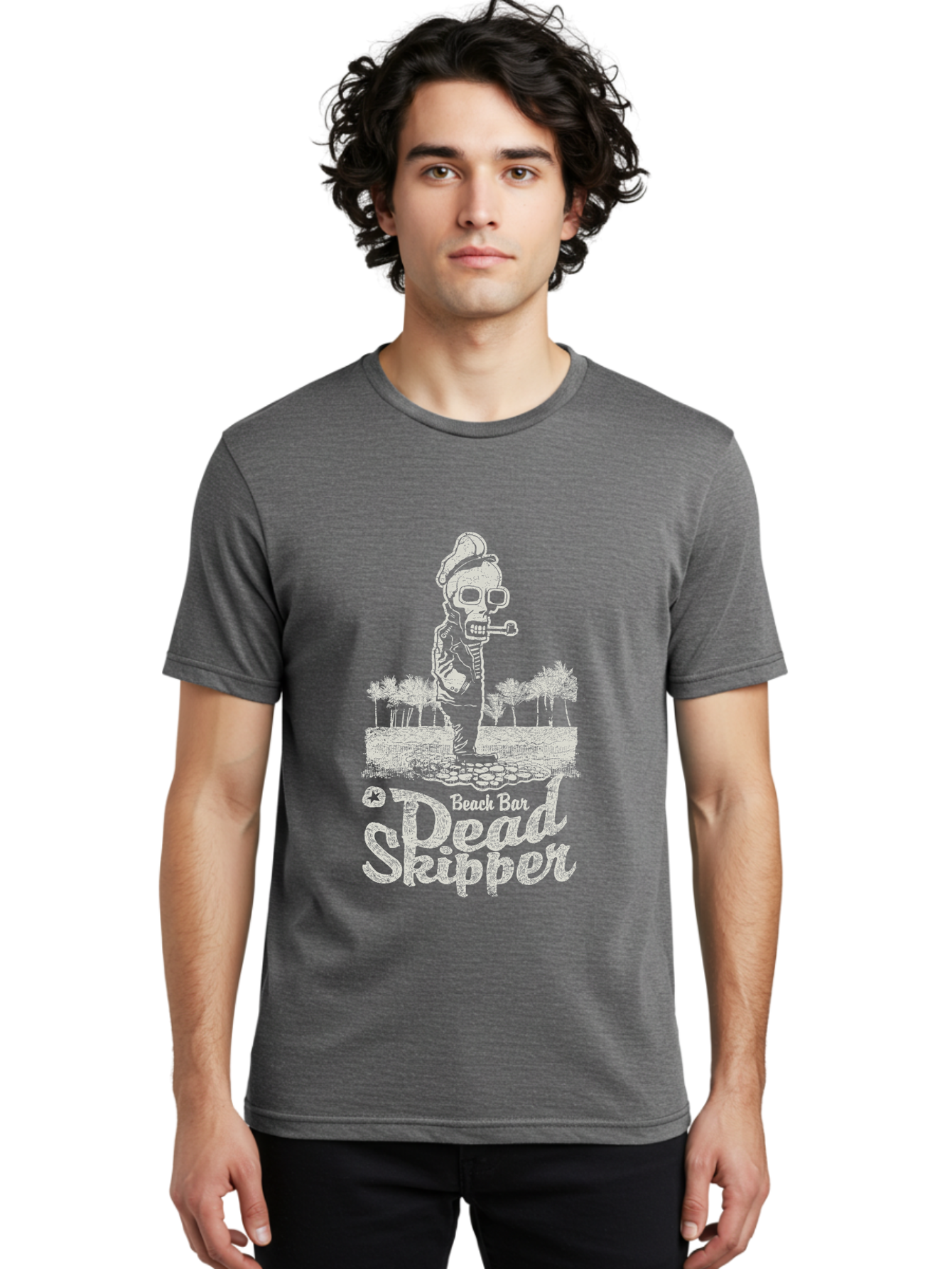 Dead Skipper Skull Men'S Graphic Tee, 100% Cotton, Comfortable Casual Summer Wear, Machine Washable, Skeleton Playing Guitar, Beach Bar Vibes, Tropical Setting, Palm Trees, Rock On, Summer Fun, Coastal Entertainment, Relaxed Atmosphere Aae228 30