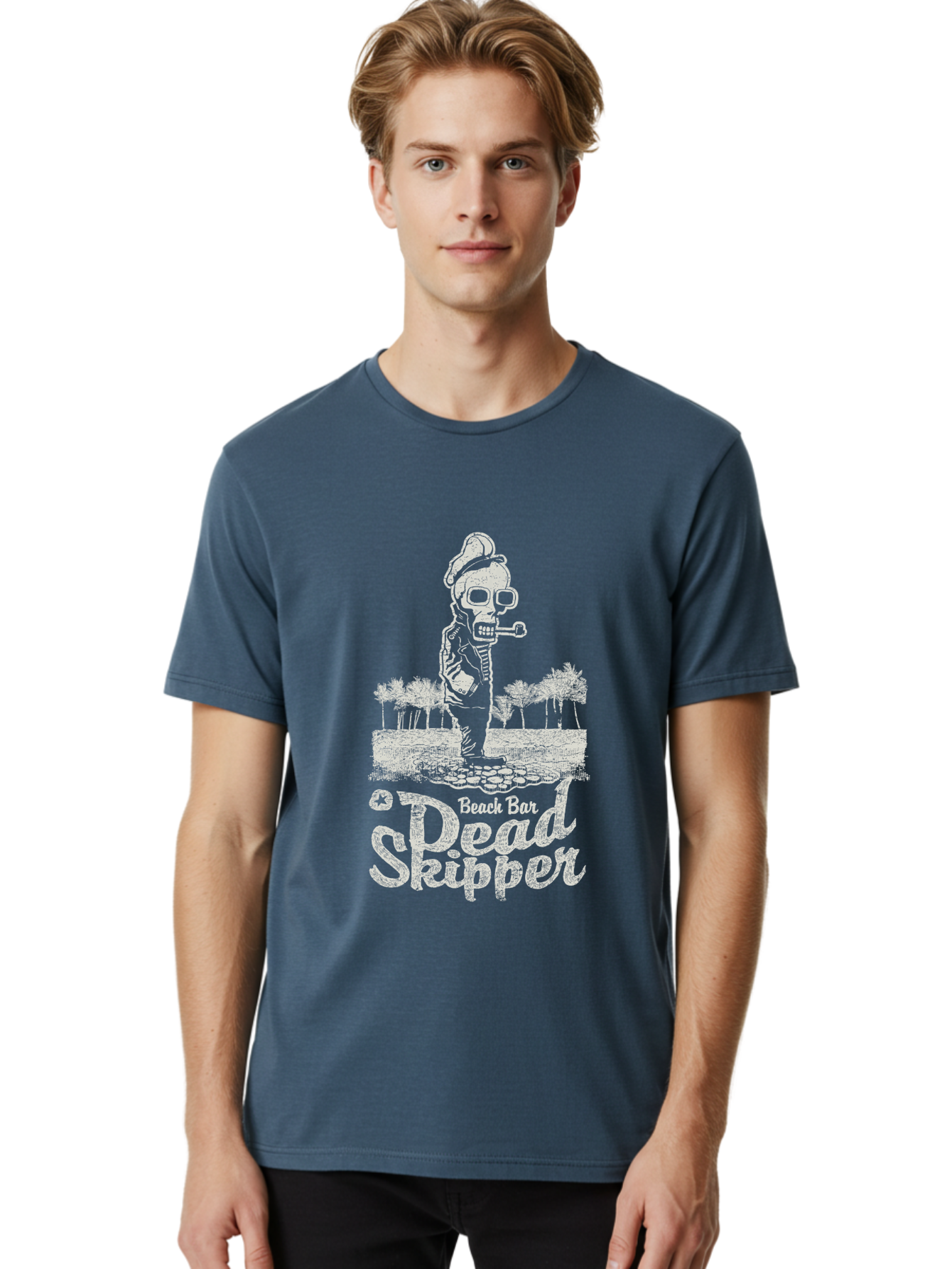Dead Skipper Skull Men'S Graphic Tee, 100% Cotton, Comfortable Casual Summer Wear, Machine Washable, Skeleton Playing Guitar, Beach Bar Vibes, Tropical Setting, Palm Trees, Rock On, Summer Fun, Coastal Entertainment, Relaxed Atmosphere Aae228 16