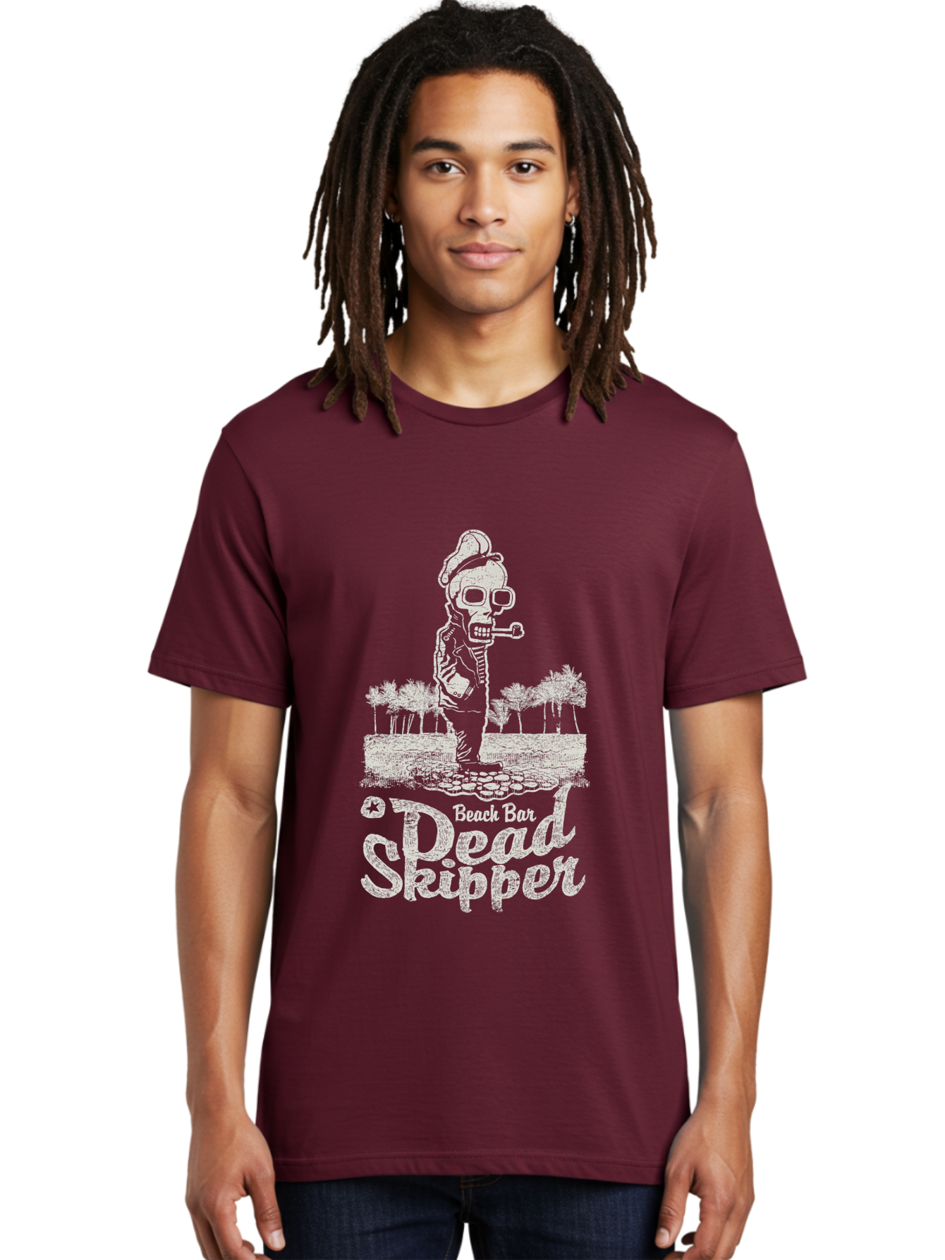 Dead Skipper Skull Men'S Graphic Tee, 100% Cotton, Comfortable Casual Summer Wear, Machine Washable, Skeleton Playing Guitar, Beach Bar Vibes, Tropical Setting, Palm Trees, Rock On, Summer Fun, Coastal Entertainment, Relaxed Atmosphere Aae228 27